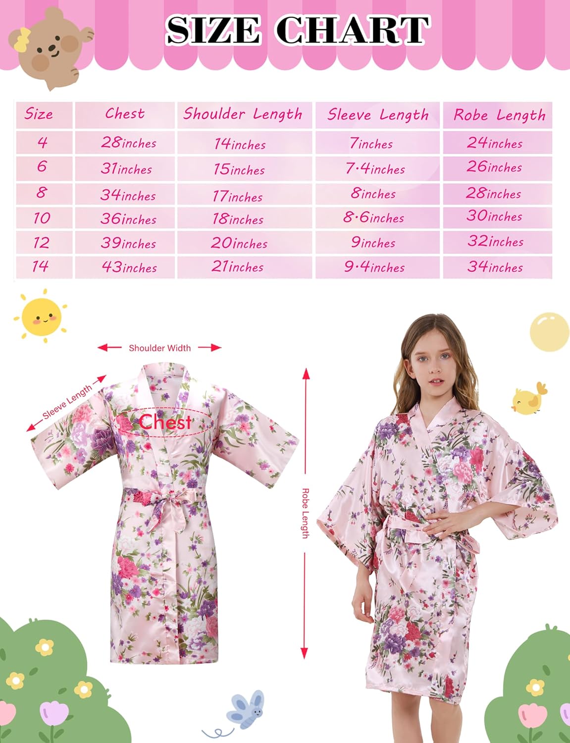 12 Piece Kids Silky Satin Robes Girls Spa Robes for Girls Party Floral Kimono for Wedding Birthday Slumber Spa Party - Image 2