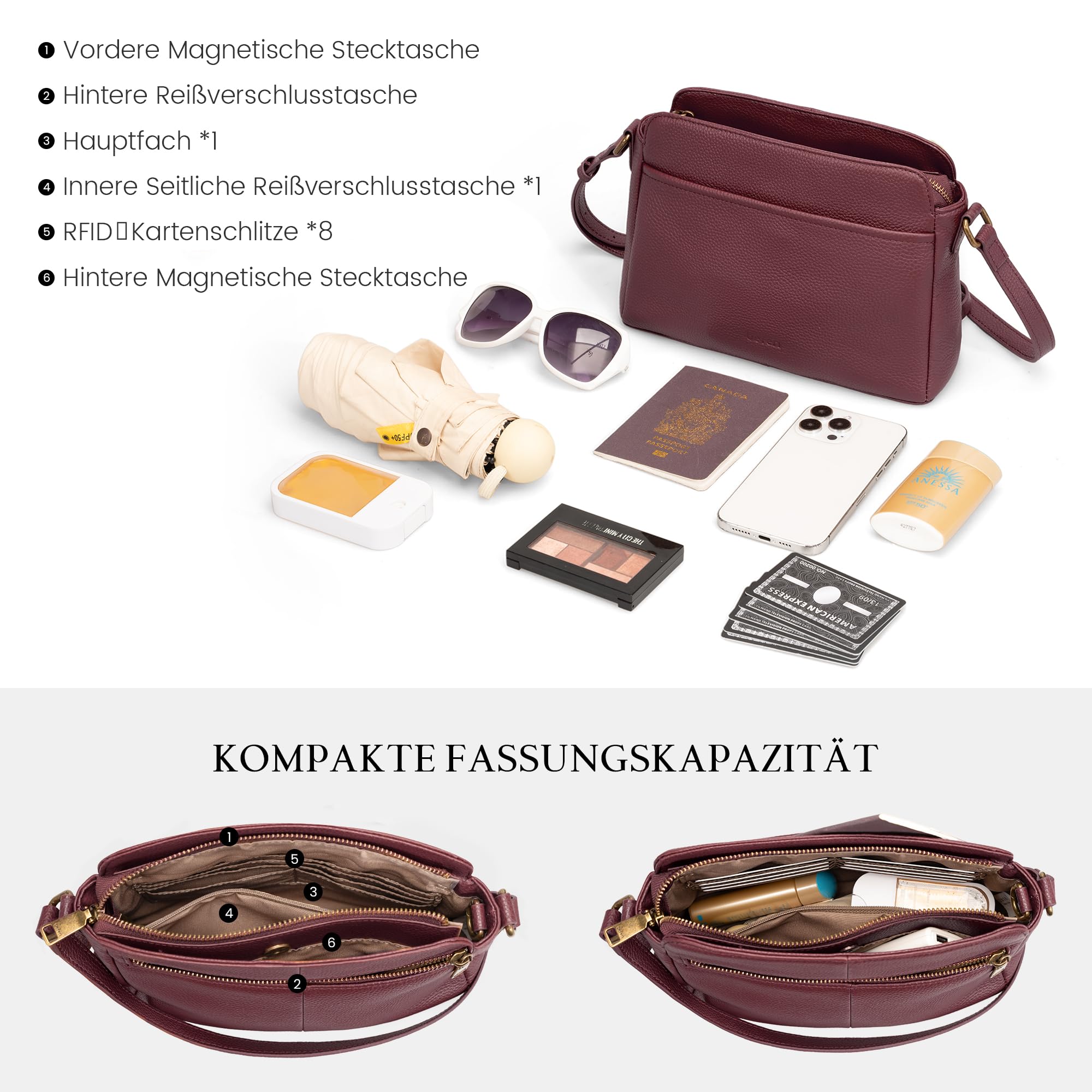 befen Echtleder Umhängetasche Damen Klein Diebstahlsichere Handtasche Leder