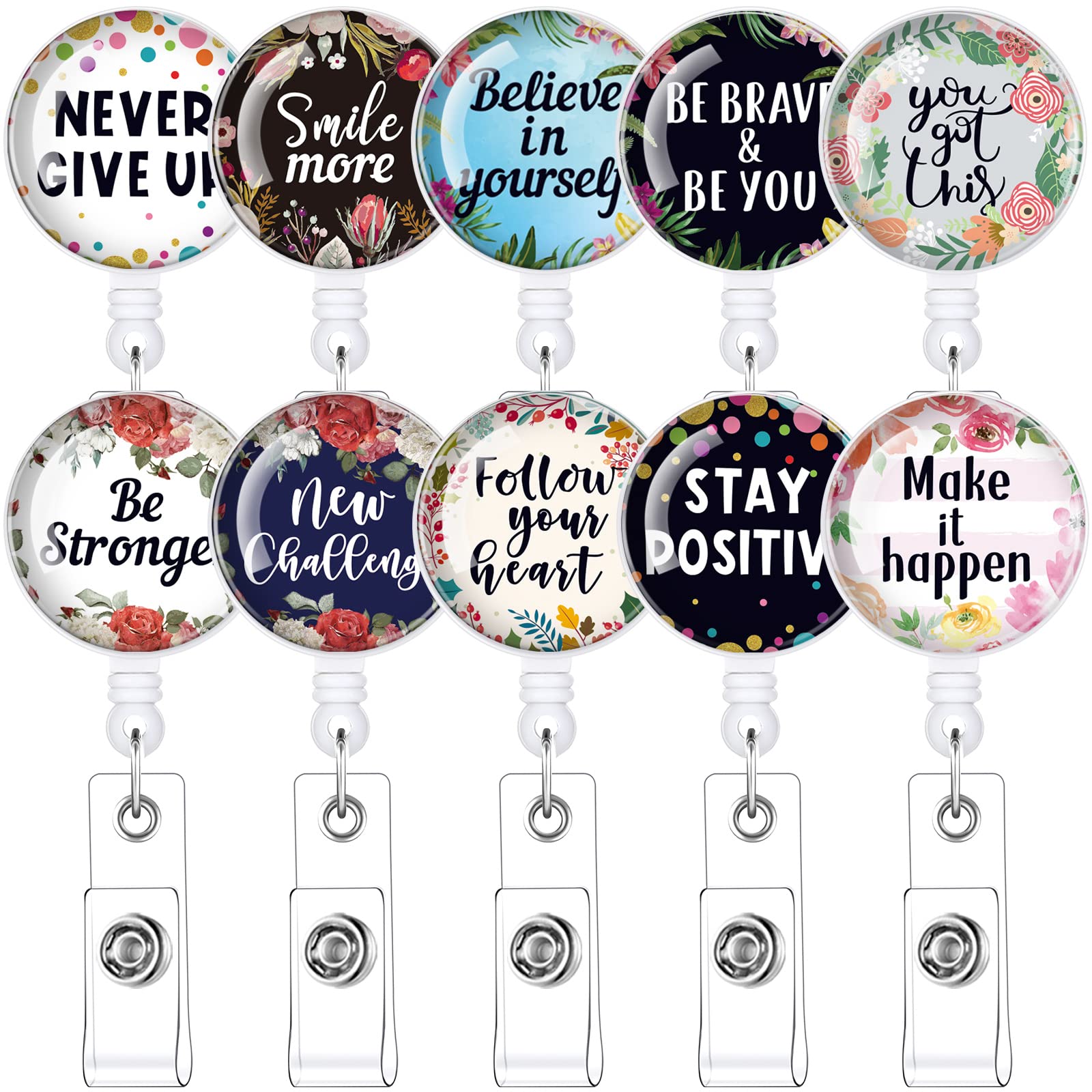10 Pieces Badge Reel with Motivation Quotes Retractable ID Badge Holder Inspirational Badge Reels with Clip on ID Card Holders (White)