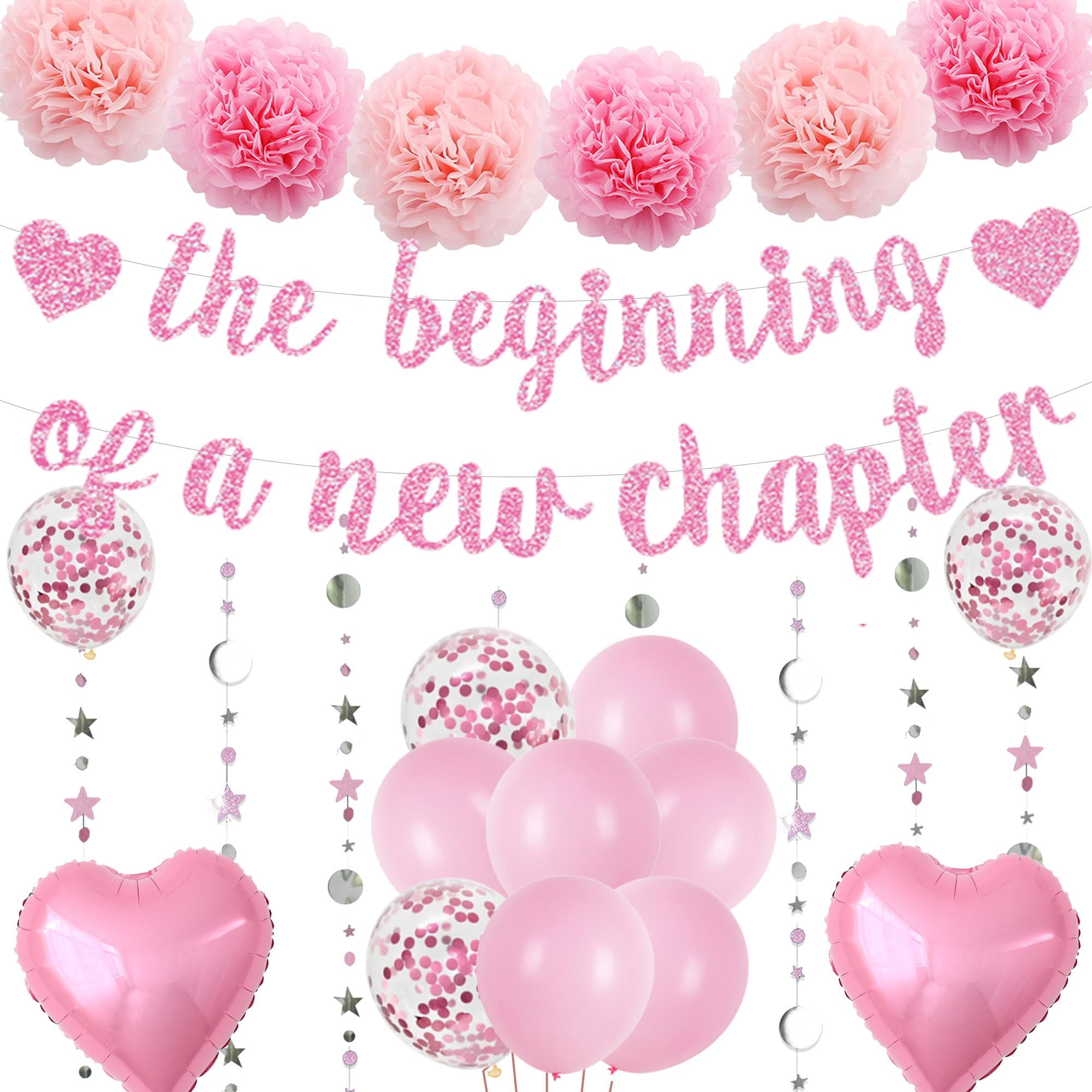 Congratulations The Beginning of a New Chapter Banner, Graduation Decorations Glitter Banners Pink Garland Paper Pompoms, Farewell Party Supplies for Retirement Job Change Divorce Decoration