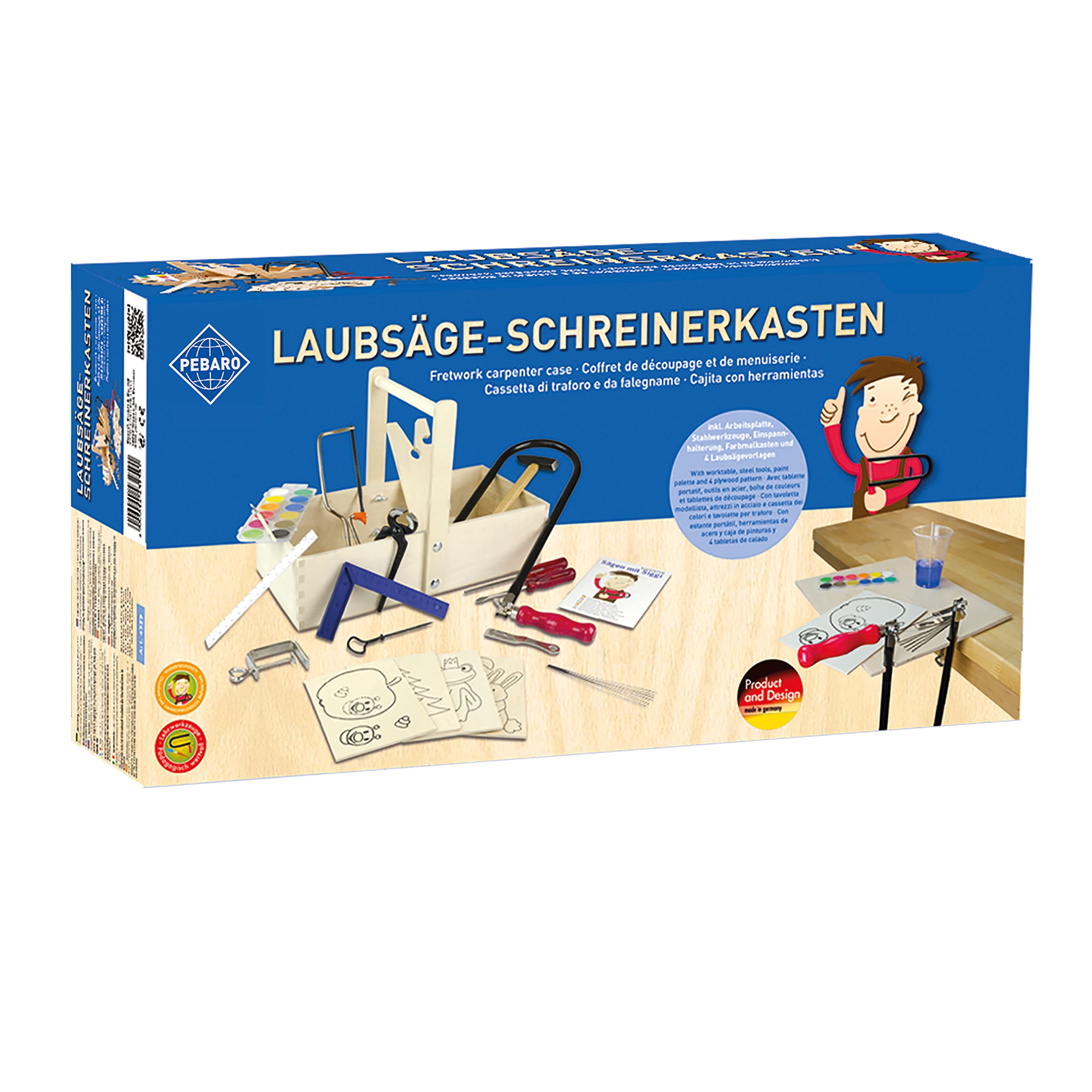 Pebaro 432S Laubsägeset in Holzschreinerkiste mit Arbeitsplatte, 27 Teile, komplettes Set, Holzkasten, Stahlwerkzeuge, Laubsägebogen made in Germany, Basteln mit Holz, Geschenkidee für Kinder