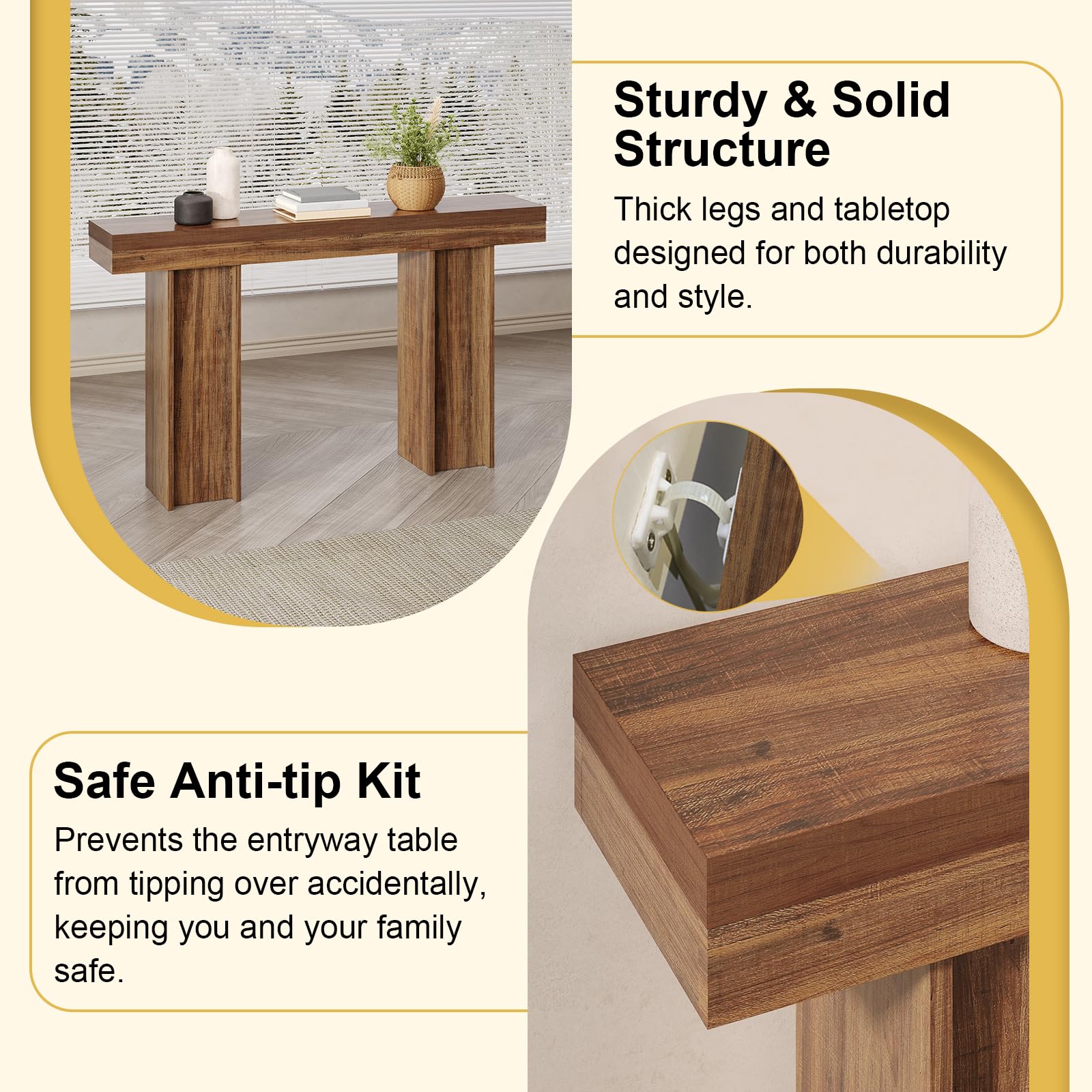 Mesa consola de granja de 55 pulgadas, mesa rectangular de madera para sofá detrás del sofá, mesa consola de entrada con almacenamiento para sala de estar, pasillo, entrada (marrón claro) 5