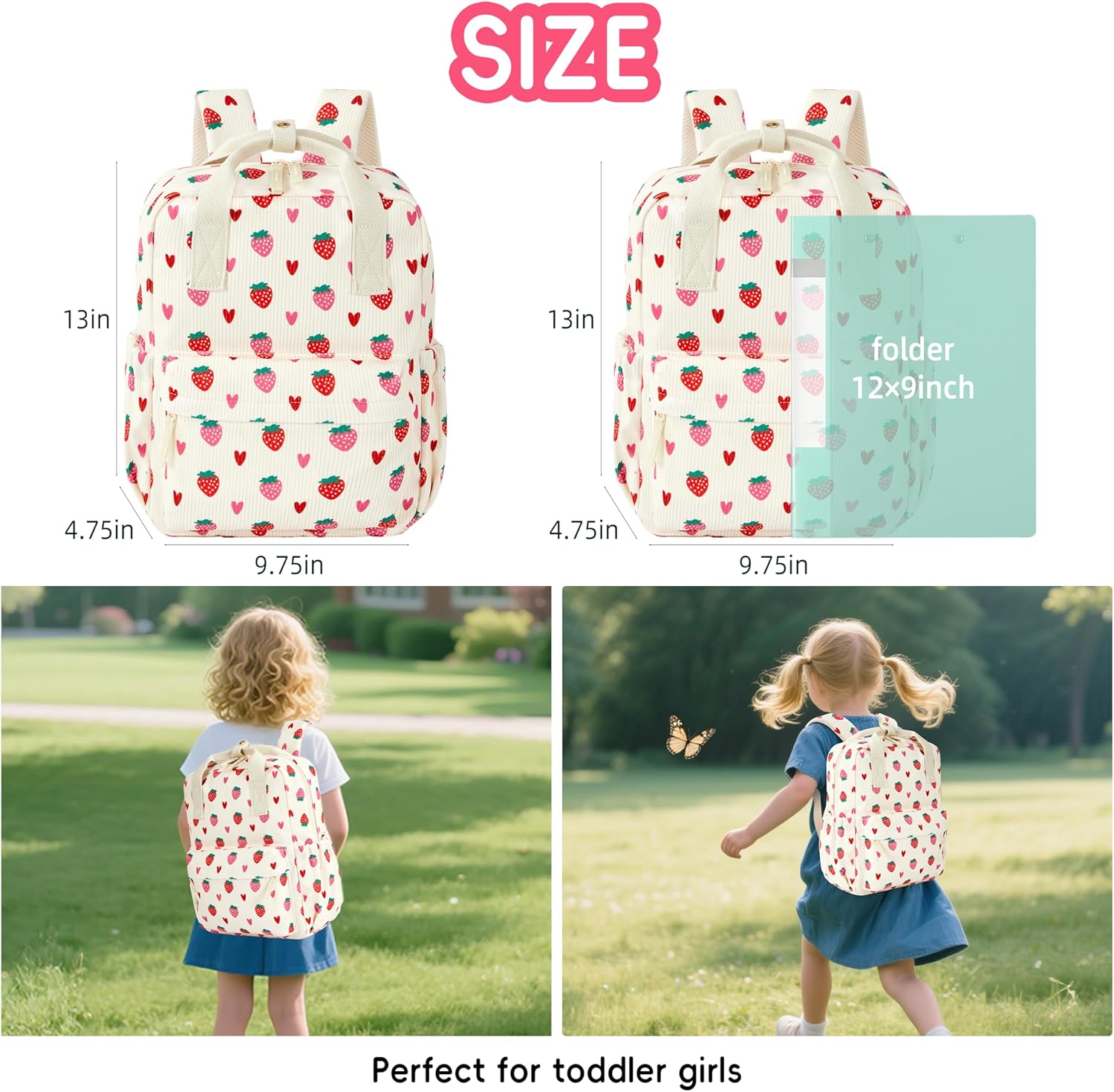 Mini Corduroy Backpack Bookbag School Bag for Toddlers Girls and Boys Preschool Daycare Kindergarten 13'' H Lightweight Fits for Folder(Strawberry-Beige Corduroy) - Image 3