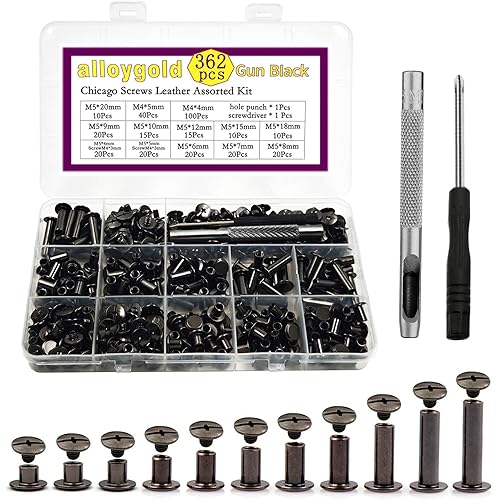 362 Pcs Chicago Screws with Punch and Screwdriver Leather Rivets 11 Sizes Assorted Screw Rivets for Decorate and Repair Leather Craft Belt Bookbinding Bag Shoes Purse Gun Black