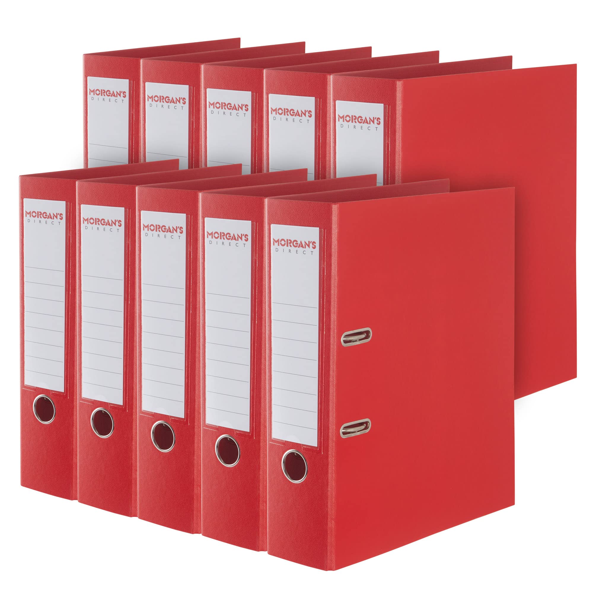 Morgan's Direct A4 Lever Arch Files 70mm Spine – Pack of 10 | Heavy Duty Lever Arch Binders with Finger Hole & Spine Label | Office, School & Home Filing | (Red)