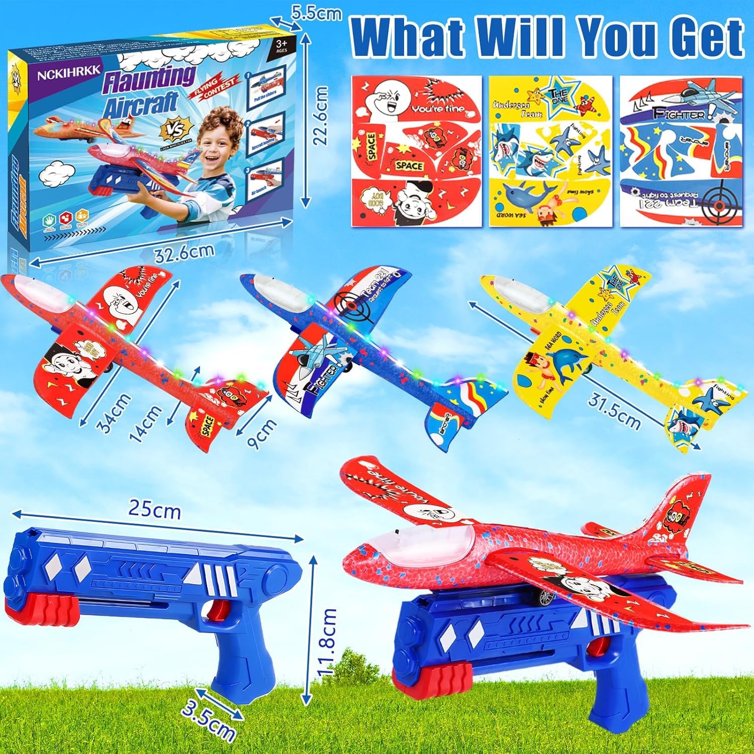 Flugzeug Spielzeug, 3 Stück Styroporflieger mit Katapult Pistole, Beleuchteter Flugzeugrumpf, Fugzeug Styropor Outdoor Spiele für Kinder, Outdoor Spielzeug Junge Mädche 3 4 5 6 7 8 9 Jahre