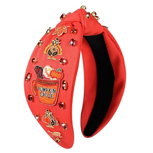 JERTOCLE Diadema de Acción de Gracias, diadema de otoño para mujer, diadema esmaltada de calabaza con cristales anudados, diadema de tweed con nudo