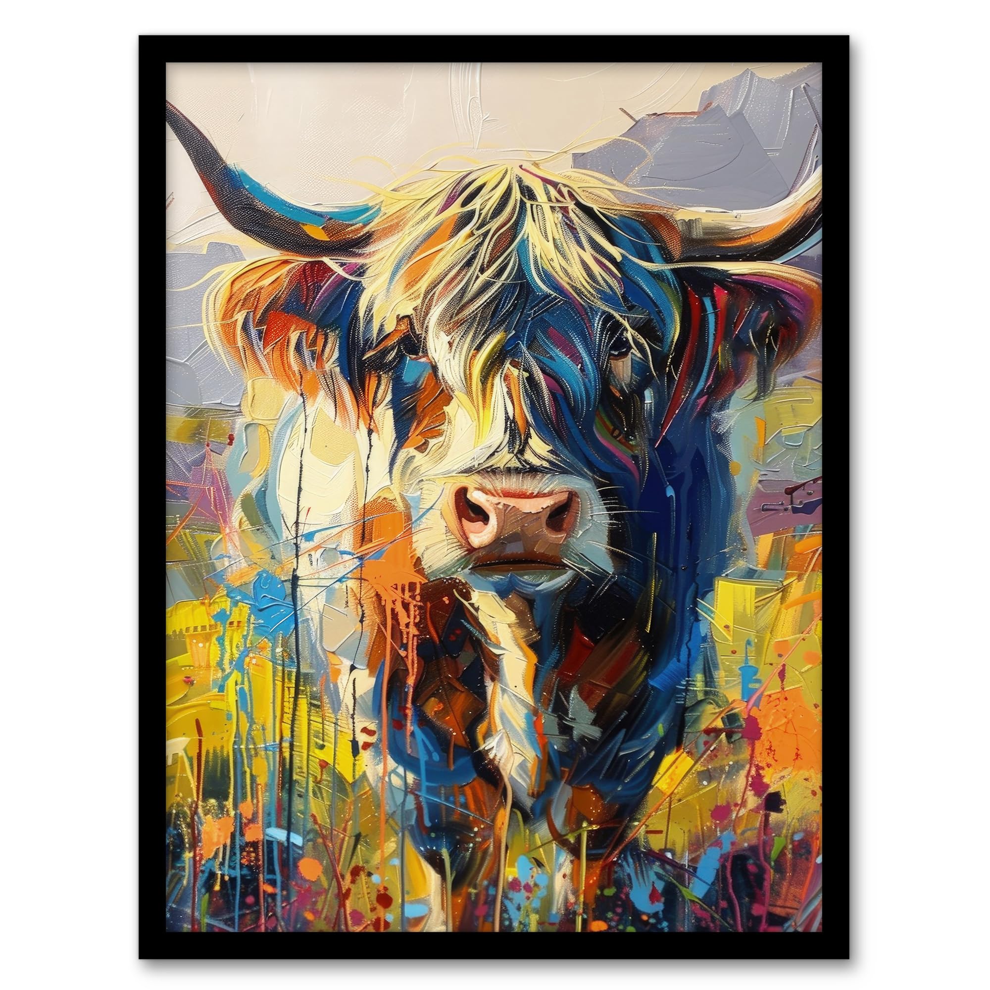 Artery8 Scottish Highland Cow Hairy Coo Abstract Painting For Living Room Artwork Framed Wall Art Print 18X24 Inch