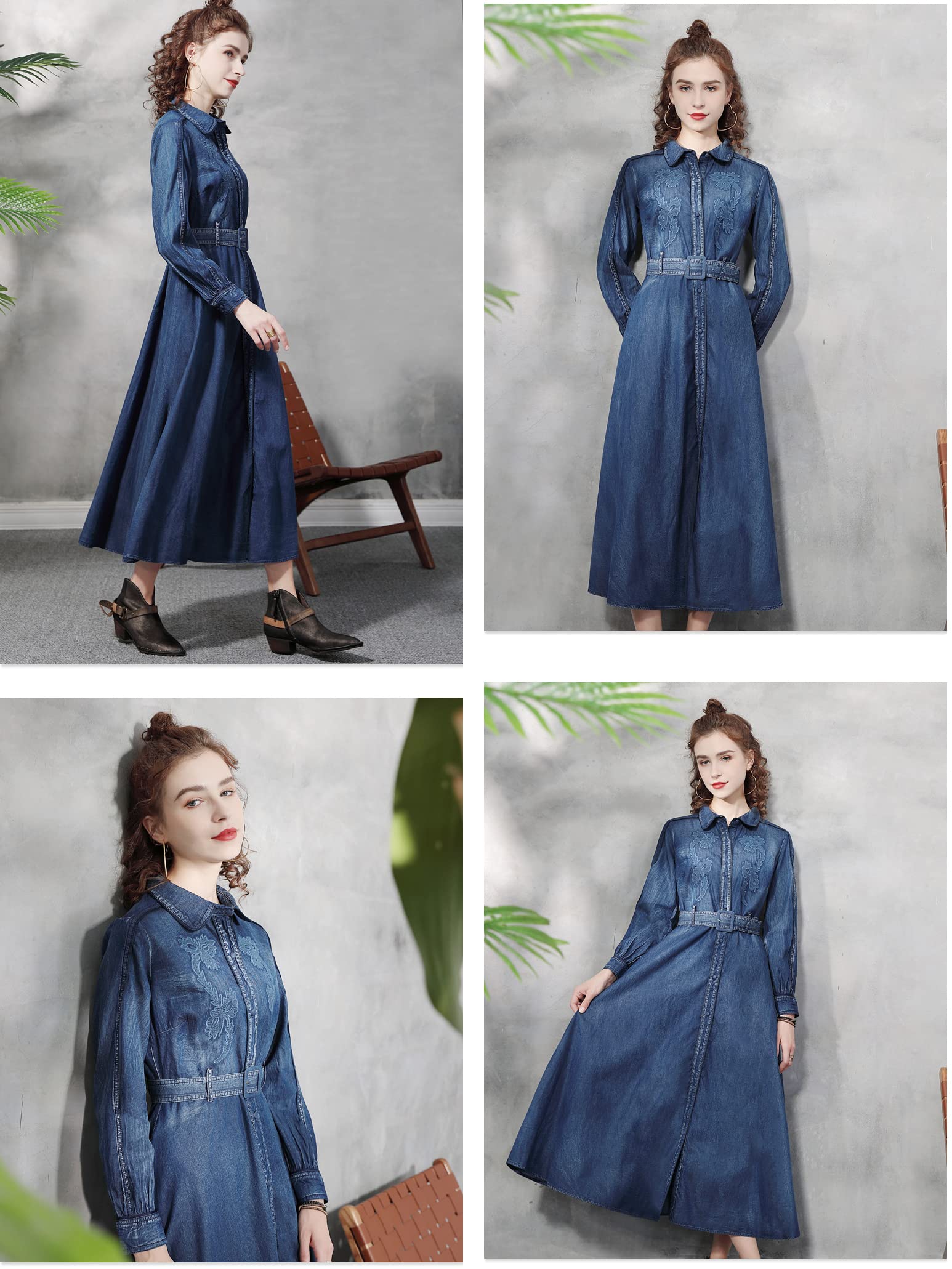 Vestido largo de mujer retro con solapa bordada, bolsillo en el pecho, corte ajustado, manga larga, para fiestas, maxi vestido vaquero con cinturón.