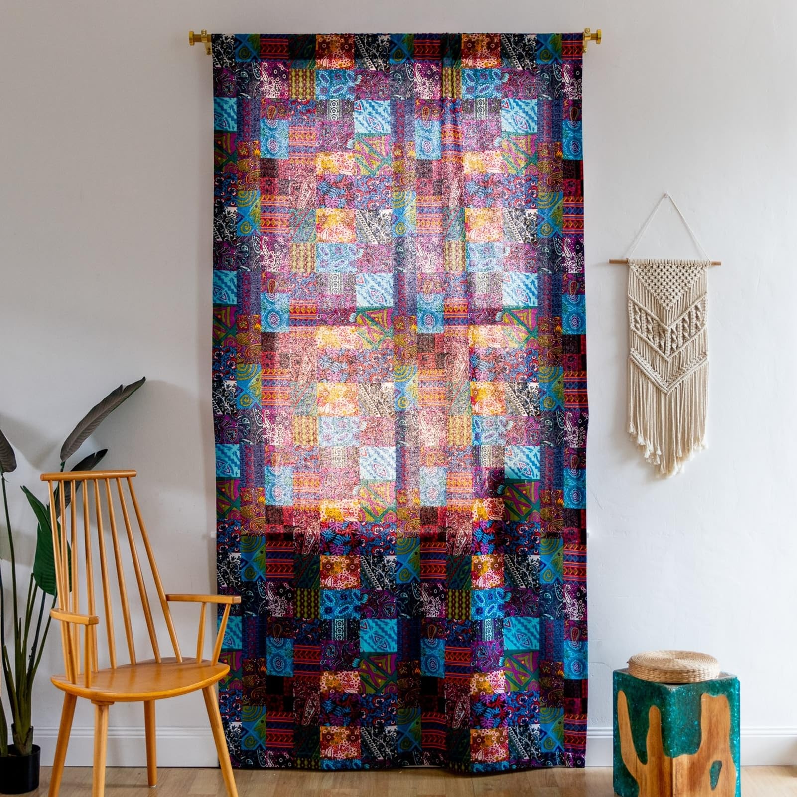 Visillo corto semitransparente de 140x140 cm para ventanas, cortina étnica azul con lino
