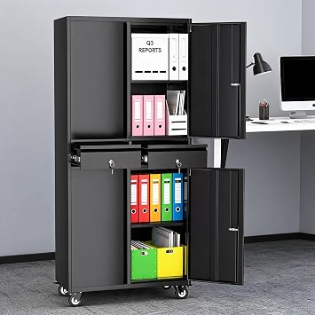 Metal Garage Storage Cabinet with 4 Wheels and 2 Drawers, 72" Heavy Duty Rolling Tool Storage Cabinet Organizer, Locking Doors and Adjustable Shelves for Garage, Workshop, Office, Warehouse
