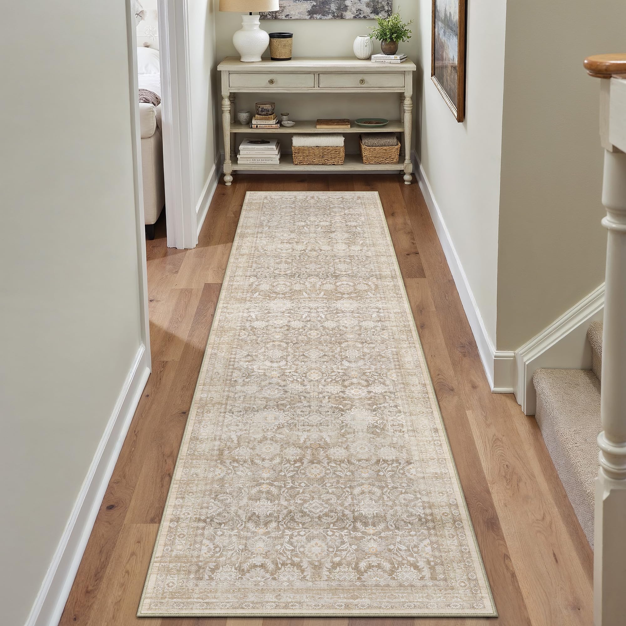 PureCozy Beige Runner Rugs for Hallway 60x240cm Washable Vintage Carpet