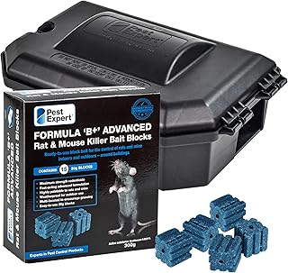 Pest Expert Formula ‘B+’ Advanced Rat & Mouse Killer Poison Bait Blocks & Bait Box, Strongest Rodent Poisoning, Single Feed Brodifacoum 300g (15 Bait Blocks) - Heavy Duty Lockable Rat Bait Box Station