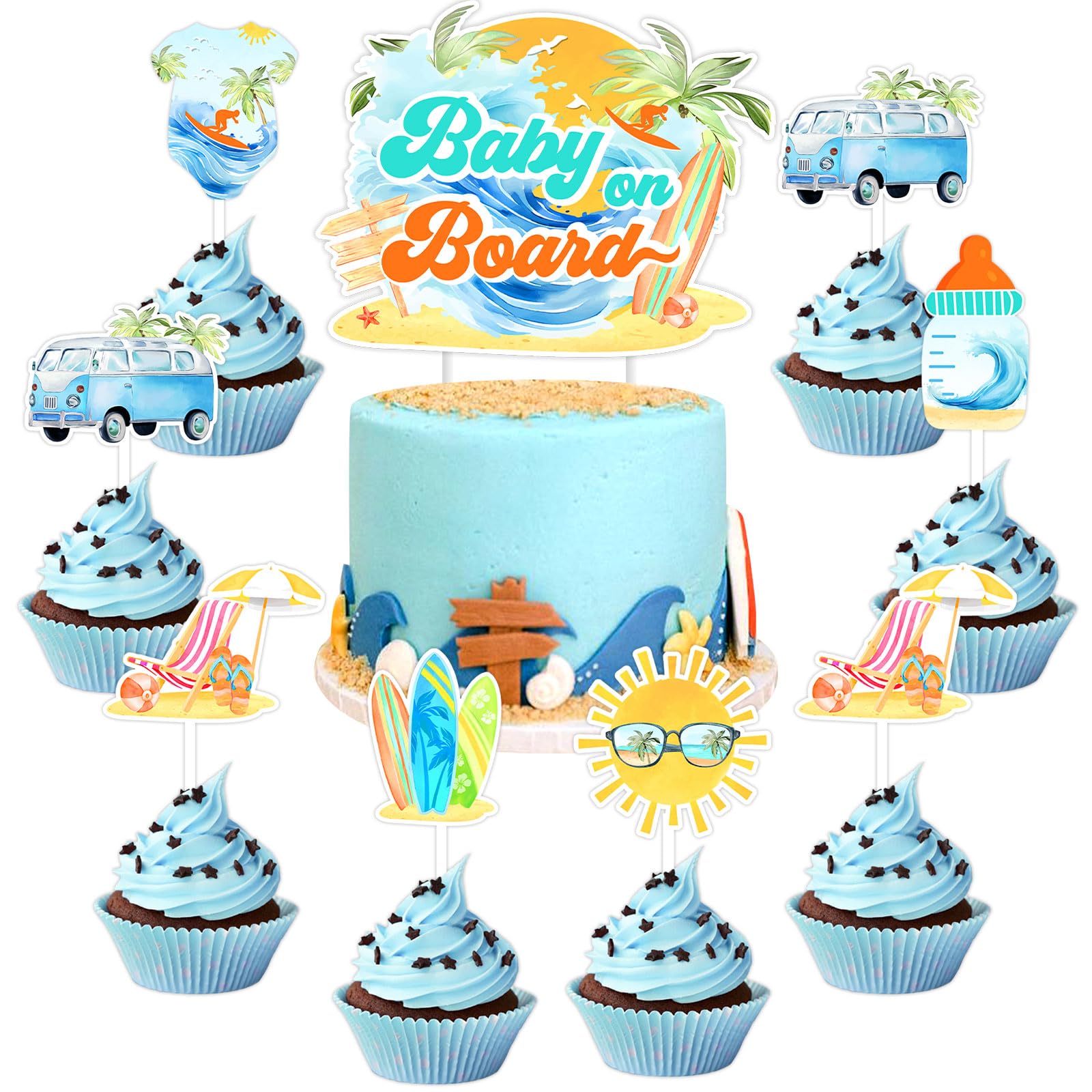 Kreatwow Decoración de fiesta de baby shower de surf, decoración de pastel de bebé a bordo, tema de surf, bienvenida, suministros de fiesta de bebé para verano, Hawaii, tema de playa tropical, baby