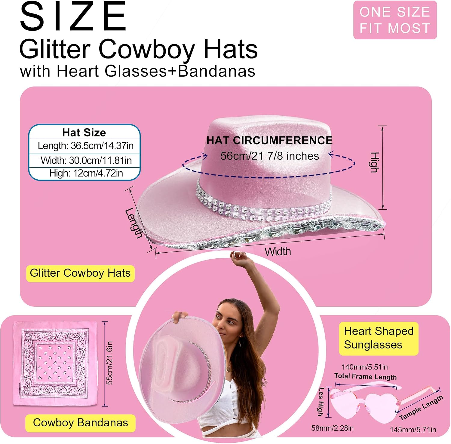 JICASTO Cowboy Hat Glitter Cowgirl Hat with Sequins & Tiara Crown for Women Rodeo Party Hats with Heart Glasses