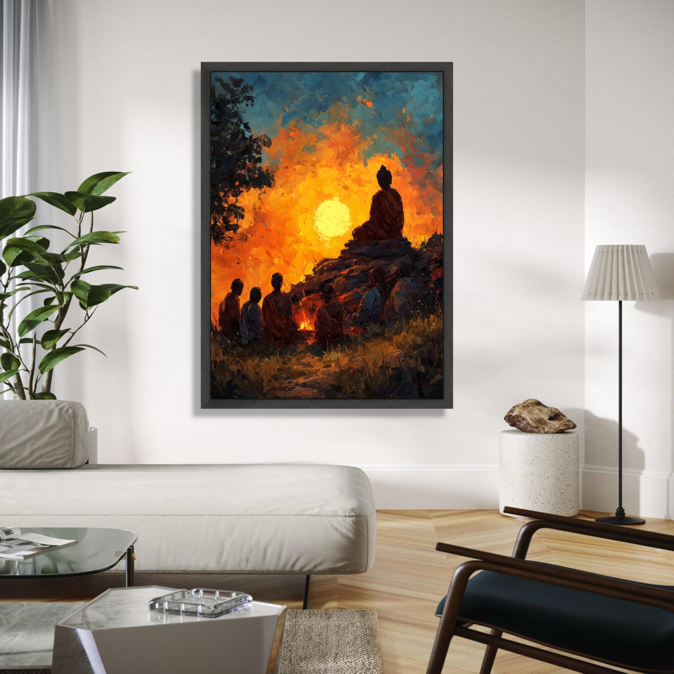 YUSUZHU Sagoma di monaco meditativo al tramonto, tela spirituale, scena naturalistica, buddista zen, arredamento per la casa, stampa (70x100 cm/cornice interna)