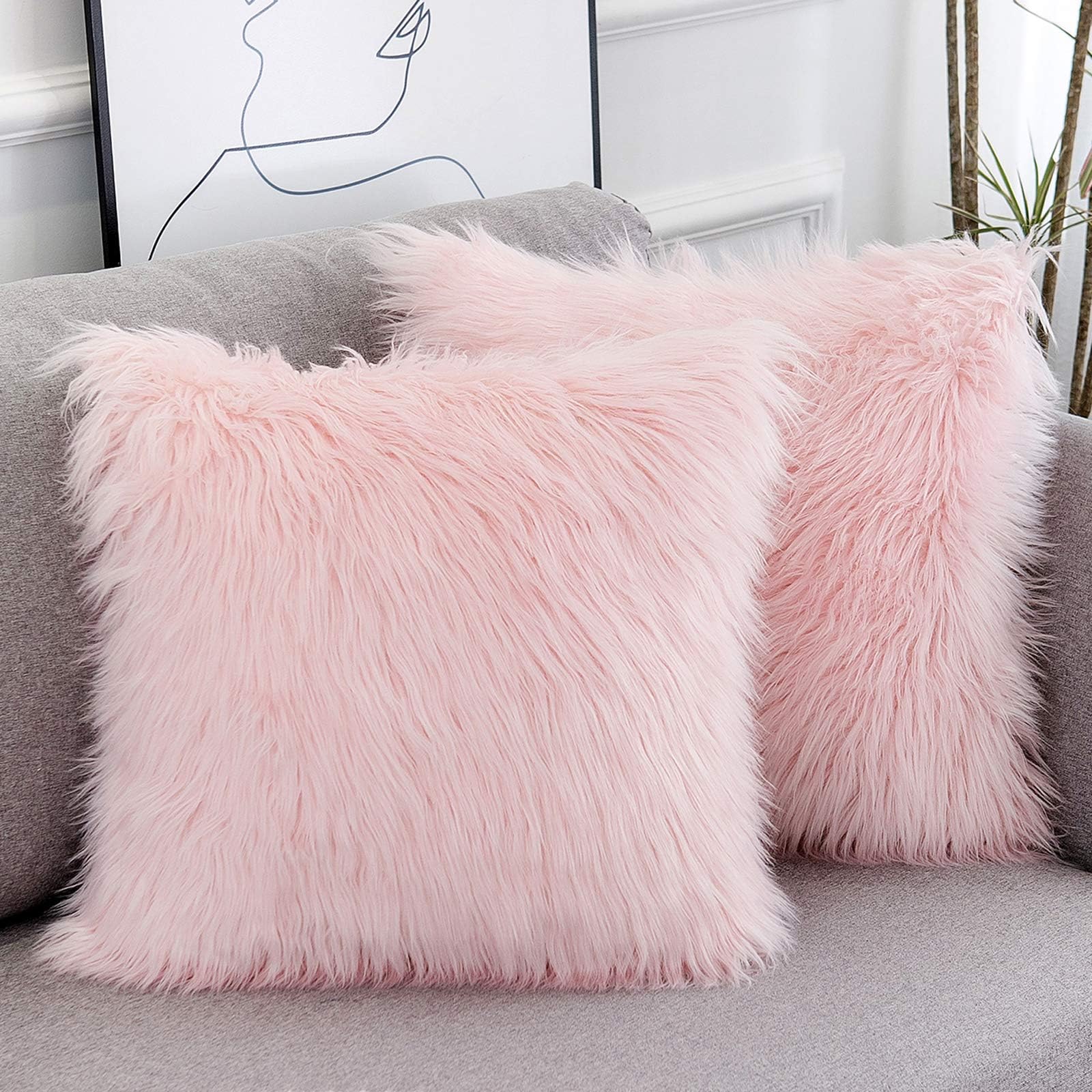 WLNUI Set of 2 Easter Spring Pink Fluffy Pillow Covers New Luxury Series Merino Style Blush Faux Fur Throw Pillow Covers Square Fuzzy Cushion Case 20x20 Inch for Couch Sofa Home Decorations