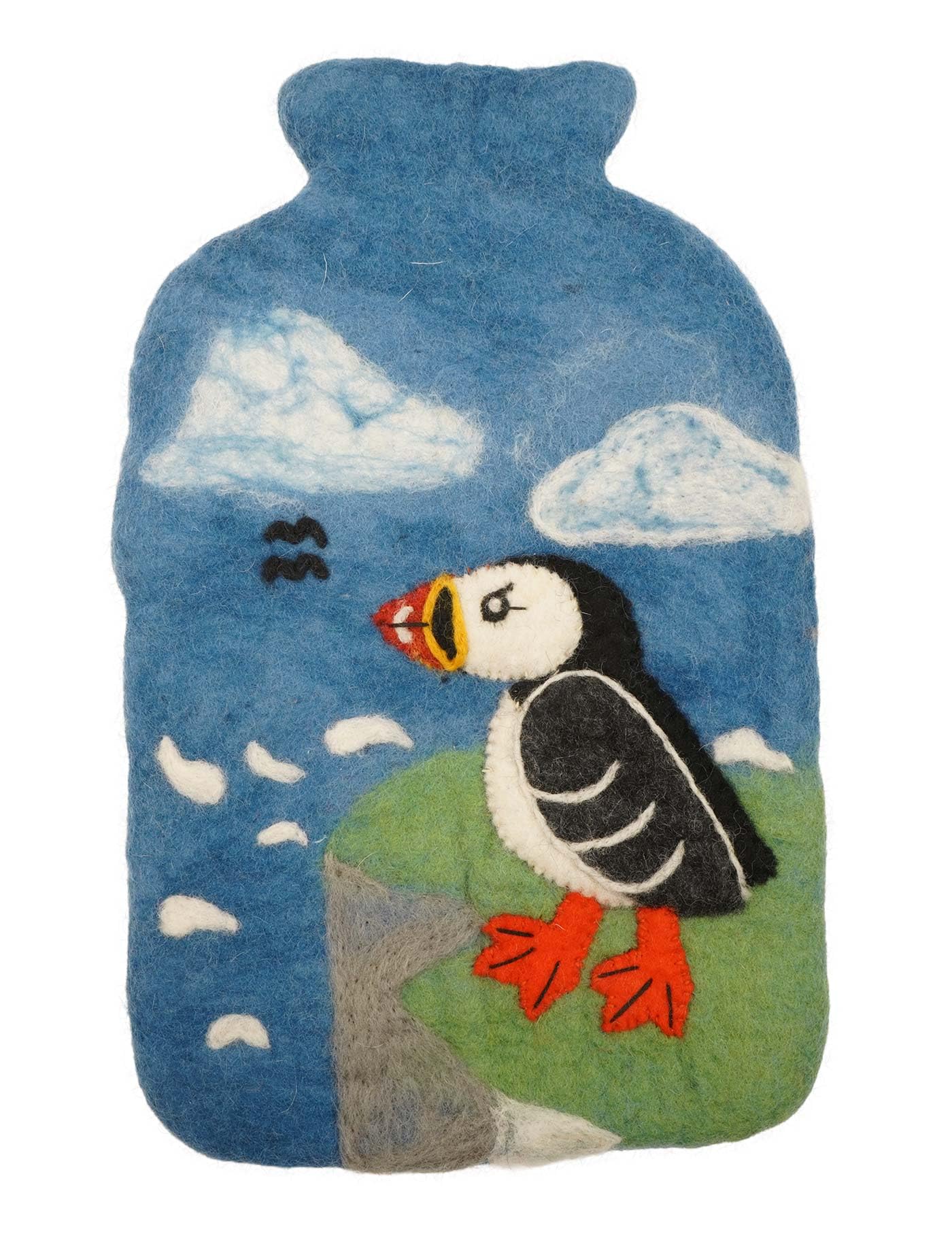 Pachamama Borsa dell'acqua calda 100% in feltro a mano e borsa dell'acqua calda da 2 litri, motivo con pulcinella fatta a mano, commercio equo e solidale, multicolore
