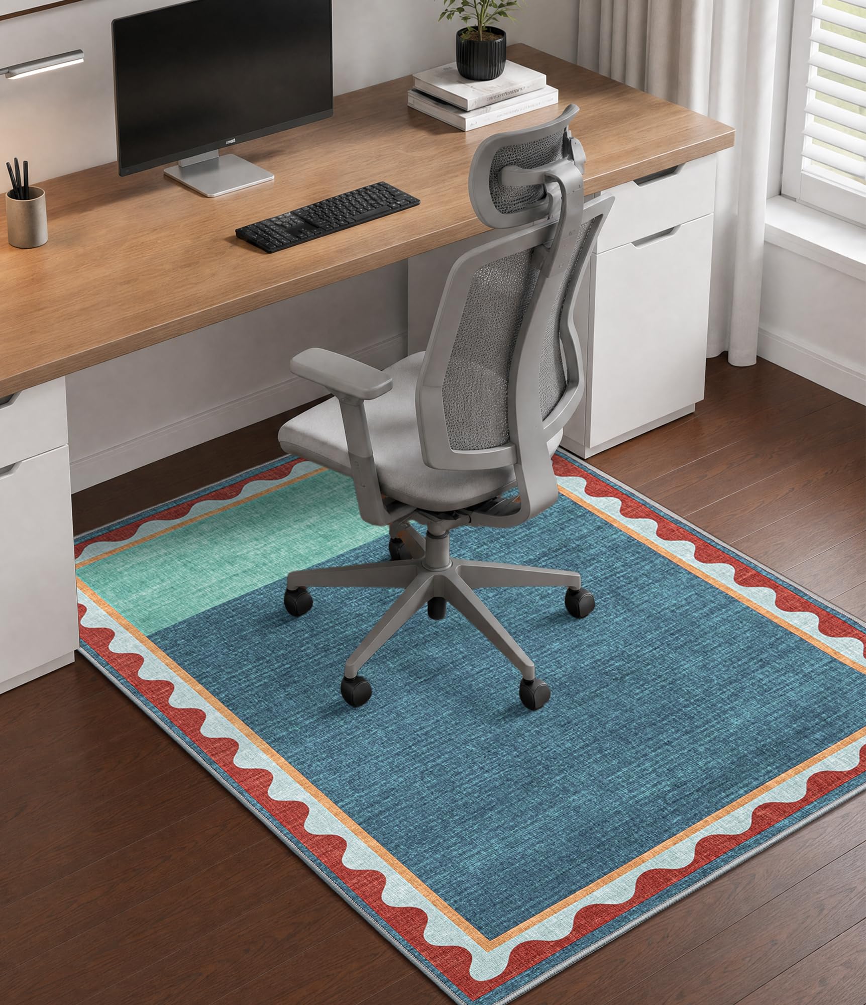 chakme Office Chair Mat for Hardwood Floor, 48"x36" (Blue Scalloped Border)