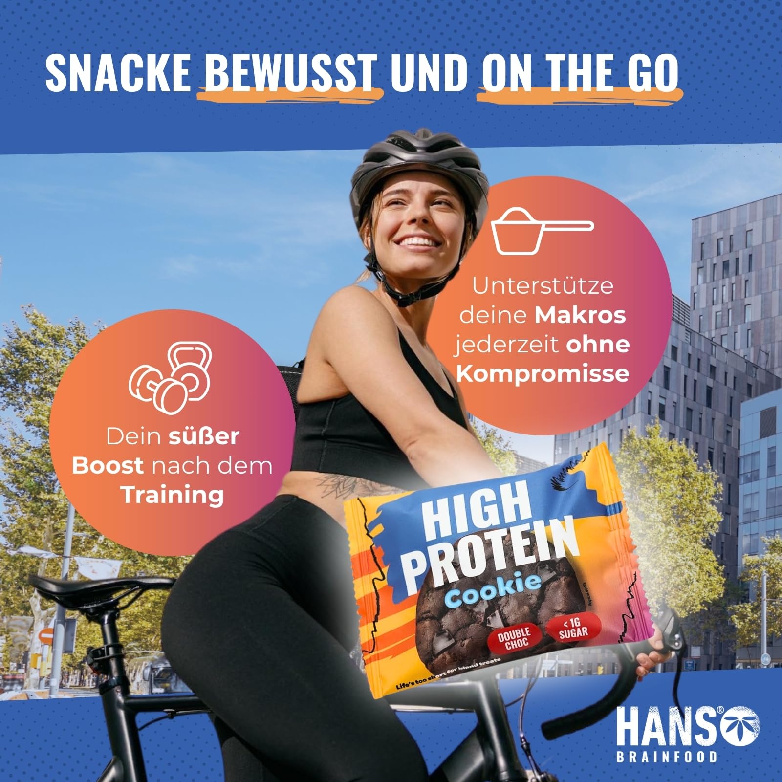 HANS Brainfood High Protein Cookie Schokolade 1400g (36x35g) mit weniger als 1 Gramm Zucker und 8g Protein pro Cookie - Proteinriegel, Low Carb, Schoko - Protein-Bar ohne Zucker