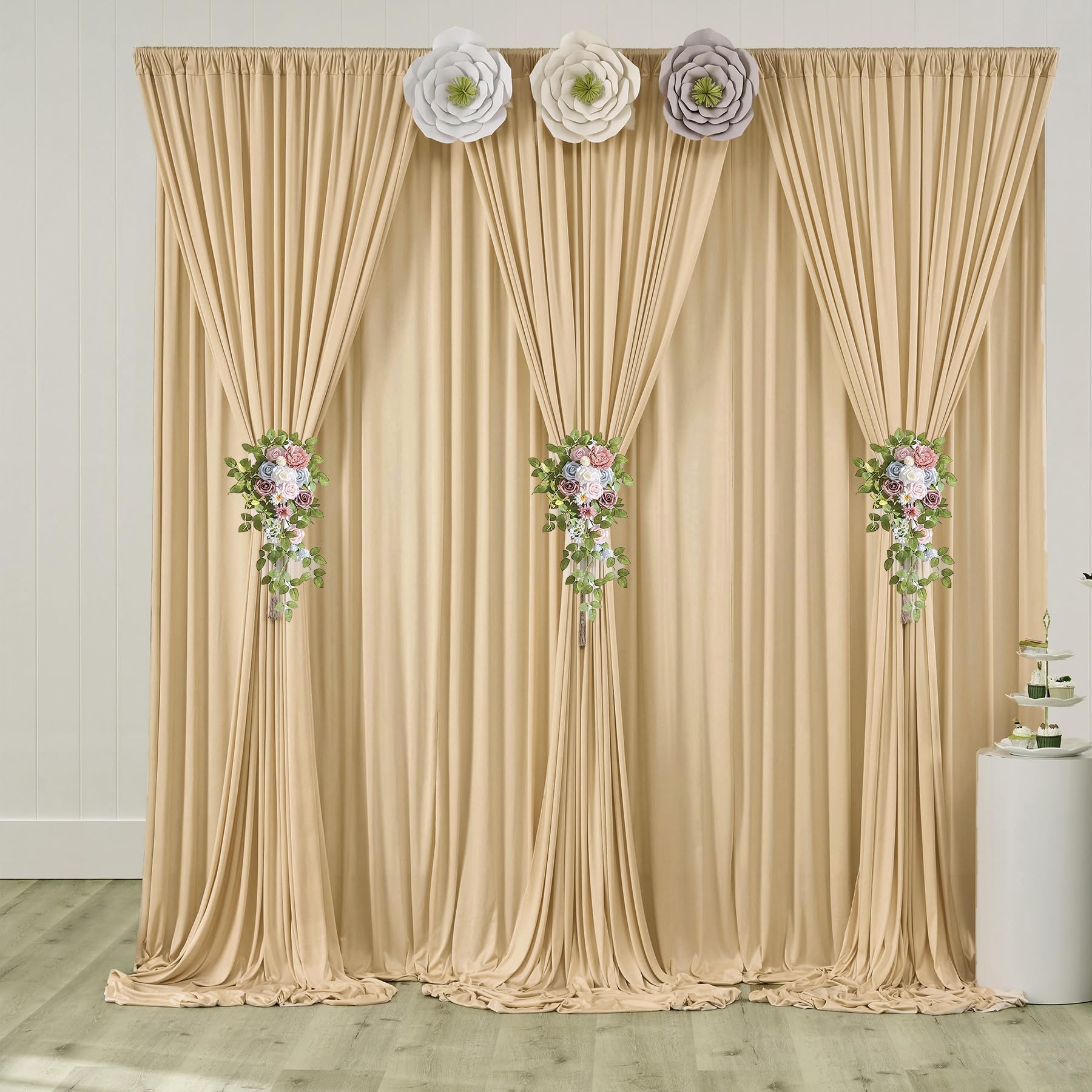 4 Stücke 1,5×3cm Beige Hintergrund Vorhänge für Hochzeit Party 100% Polyester Falten freie Beige Hintergrund Vorhänge für Geburtstag Taufe Baby Dusche Braut Dusche Fotowand
