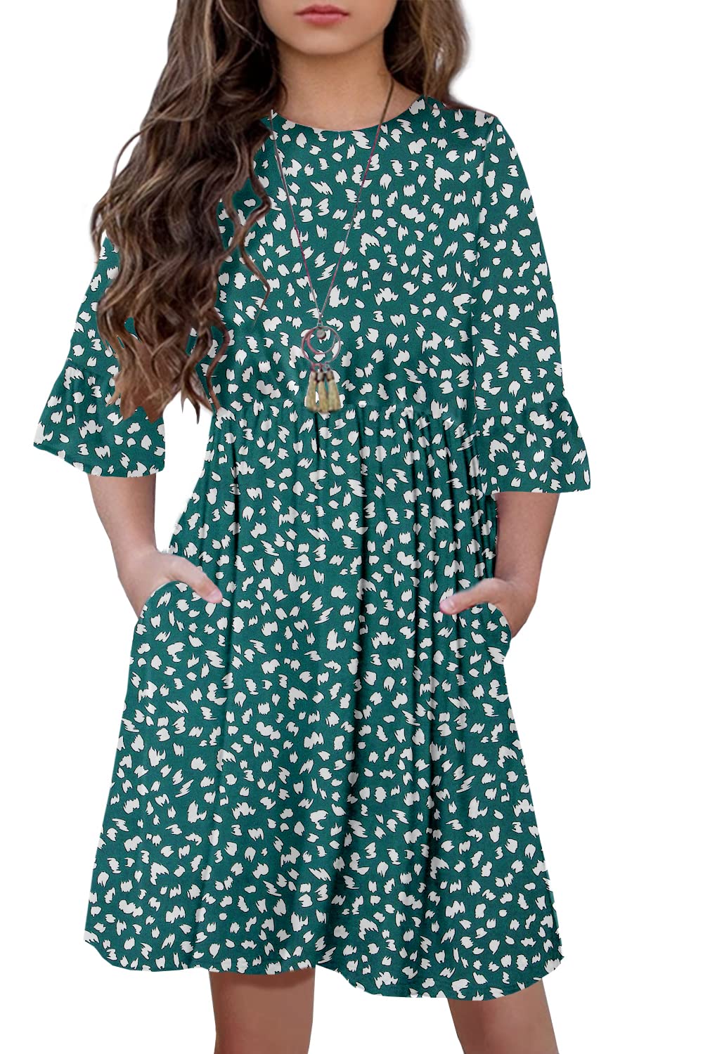 HOSIKA Girls Midi Dress Floral 3/4 Sleeve Ruffle A-line Swing Casual Dresses with Pockets for Kids 6-12 Years