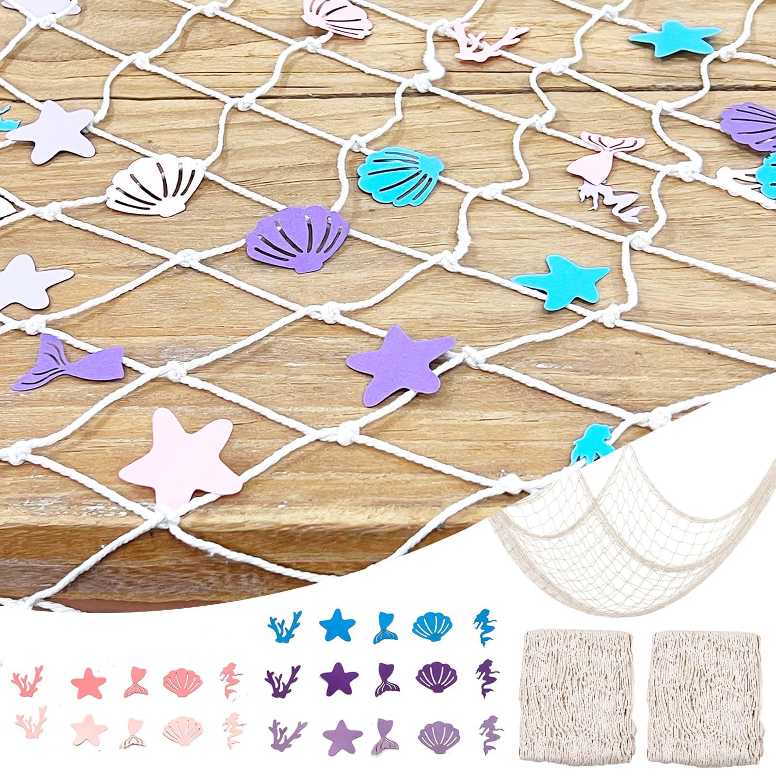 SNAIL GARDEN 2Pcs Fish Net Decorations with 100Pcs Paper Ornaments,Hand-Woven Fishing Net Decor, Table Fish Net Decoration Wall Hangings for Party,