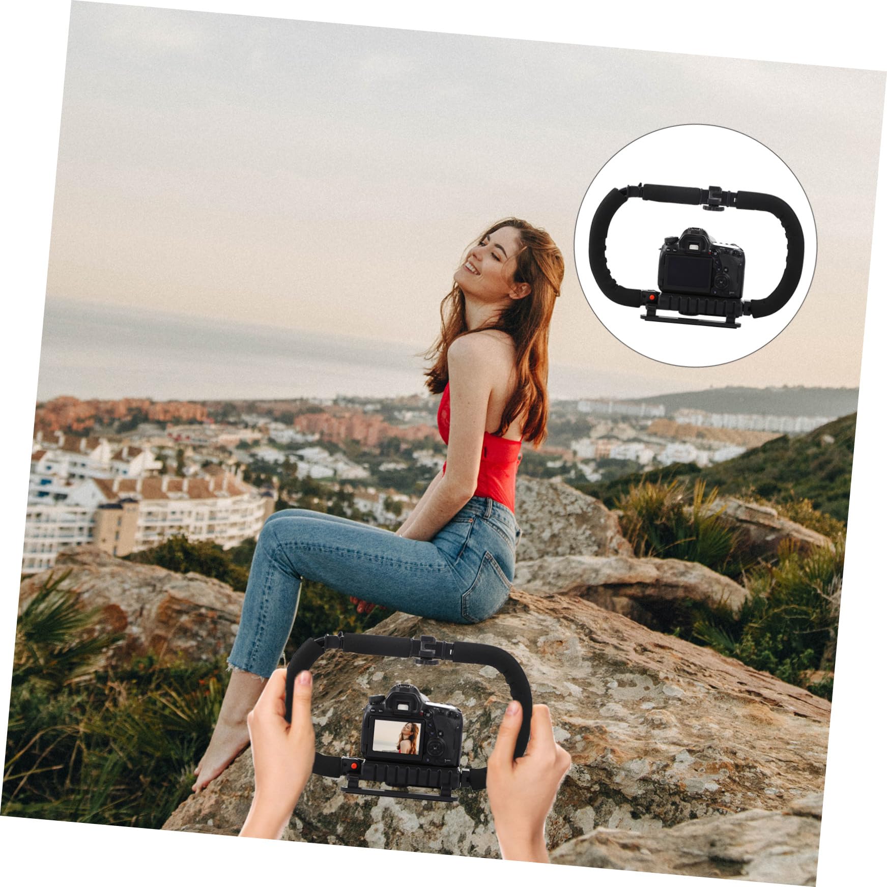 Stabilizzatore Portatile per Video Impugnatura Handheld in Plastico e Metallo, Supporto per Telefoni e Fotocamere Reflex Blocco Angolo e 3 Porte Hot Shoe
