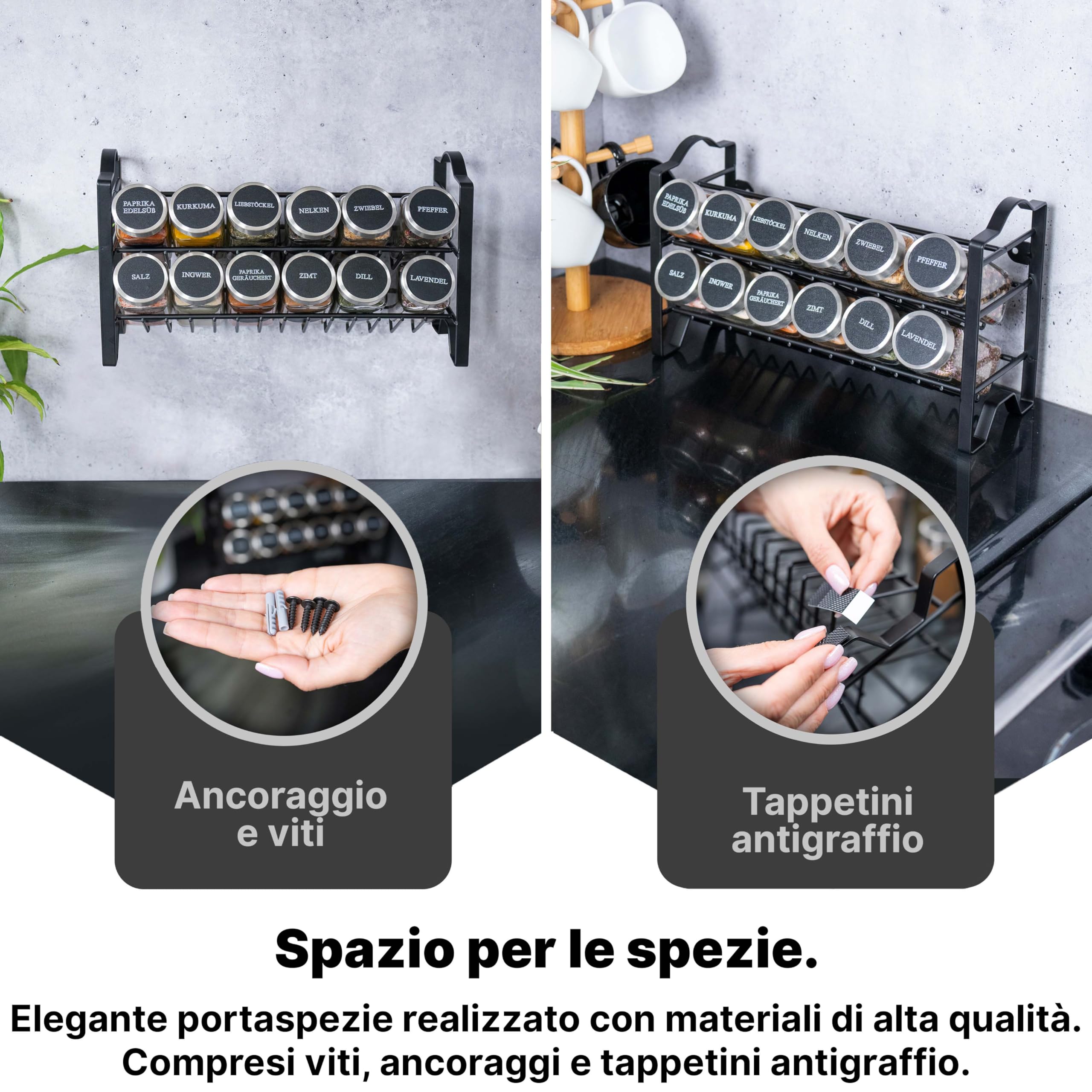 Deco haus® Porta Spezie per Cucina [con Barattoli ed Etichette]- Organizzatore di spezie - Portaspezie in Piedi e da Parete - Portaspezie Salvaspazio