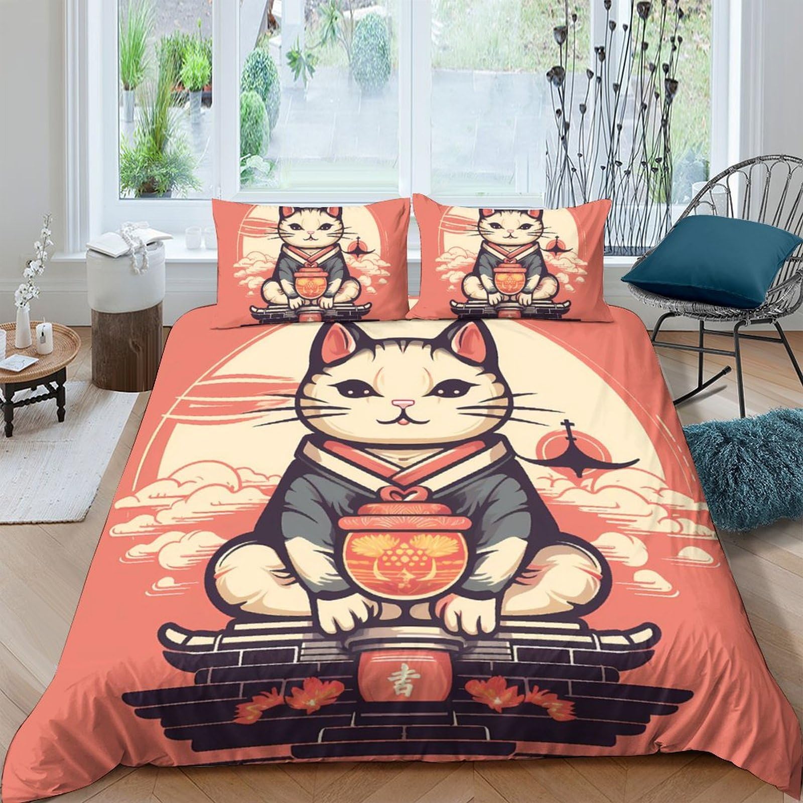 GPLZQXKJNH 3D Printed Kimono Cat Duvet Cover Microfiber Orange Japanese Lucky Bedding Set with 2 Pillowcases for Bedroom Decor Single（135x200cm）