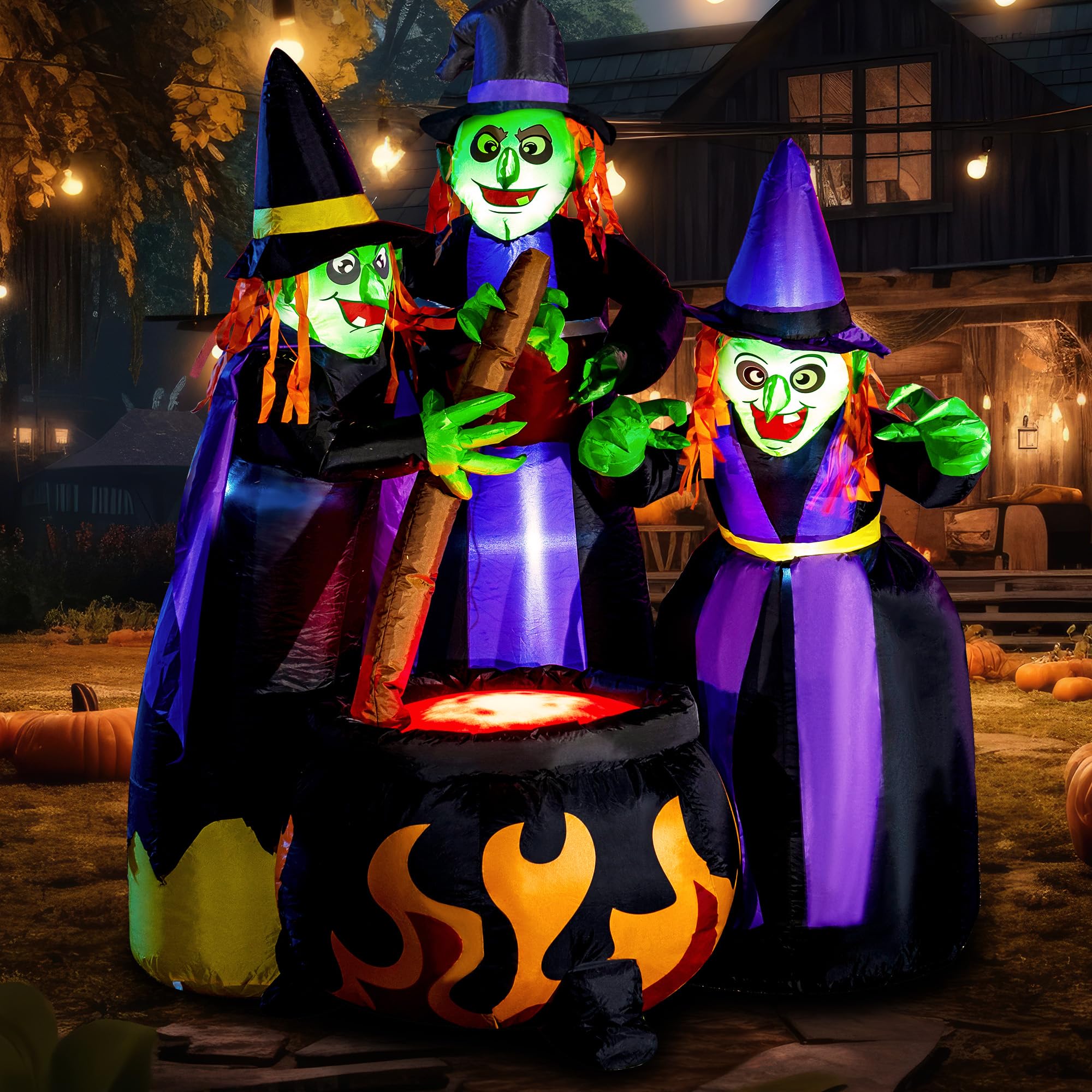 Joiedomi 6 FT Long Halloween Inflatable Three Witch Around Cauldron with Flame Light Inflatable Yard Decoration with Build-in LEDs Blow Up Inflatables for Halloween Party Indoor, Outdoor Decorations