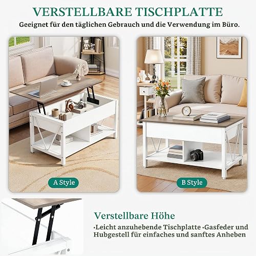 YITAHOME Lift Top Coffee Table, Easy-Lift, 2-Tier Storage, Adjustable Height with Hidden Storage Compartment and Shelf for Living Room, Office, White&Gray - 2
