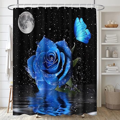 Miniatura 3 de ArtSocket Juego de baño floral de rosas azules con cortina de ducha y alfombras y accesorios, juego de cortina de ducha de flores silvestres para