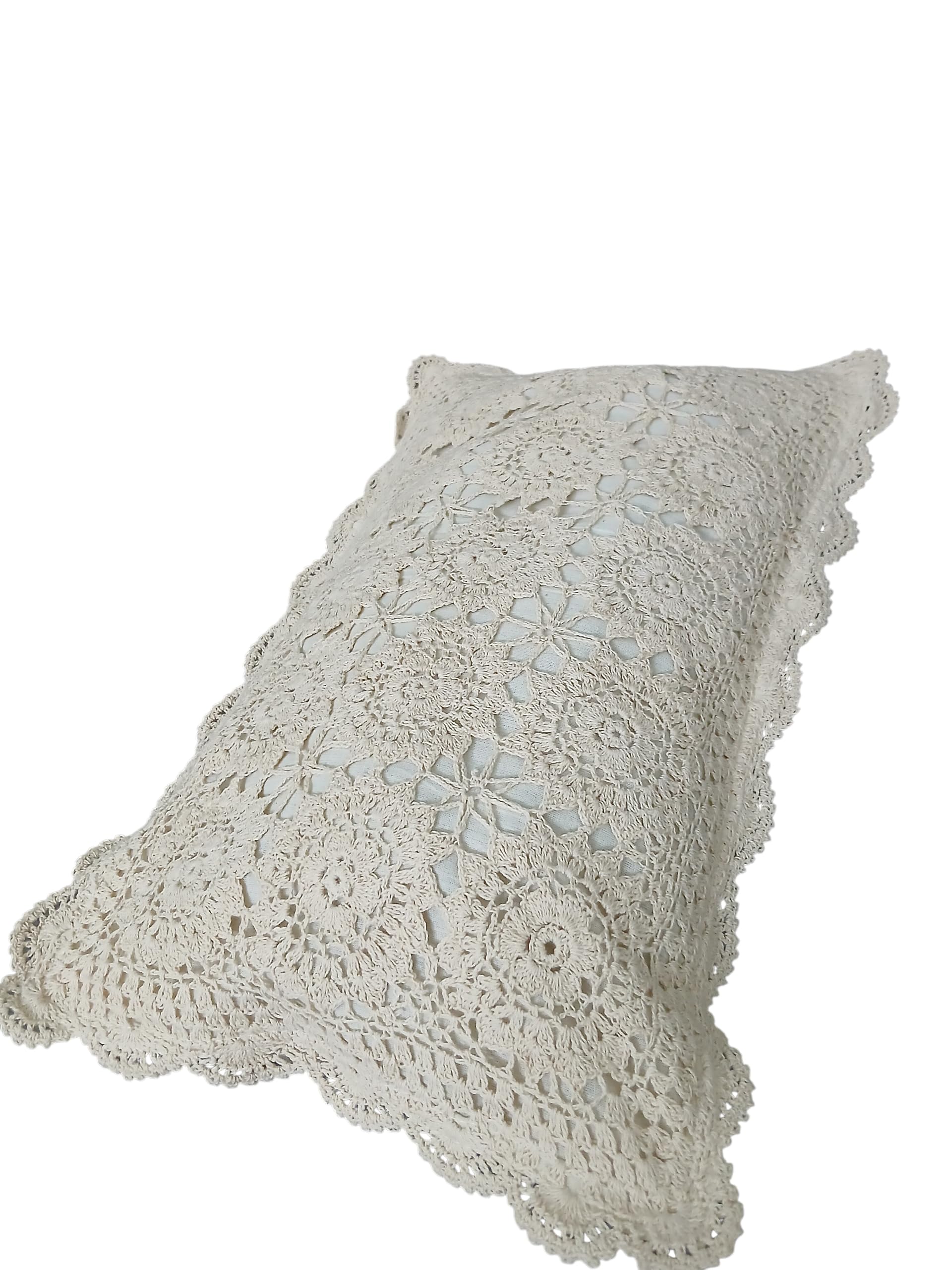 Handmade Crochet Baby Pillow Cover, Cream Floral Lace Pattern, Cotton Decorative Cushion Cover