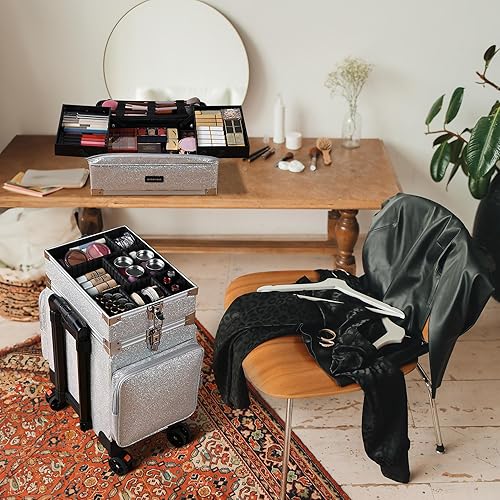 Miniatura 7 de BYOOTIQUE Estuche de tren de maquillaje 3 en 1 con ruedas de lados suaves, organizador de almacenamiento grande con divisor extraíble y ajustable