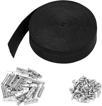 Threehoney 2 Inch Wide x 40 ft Chair Webbing Replacement Kit Upholstery Webbing Elastic Band to Repair Sagging Couch Chair Patio Furniture Metal Clips Patio Strap Repair Kit for FurnitureBlack