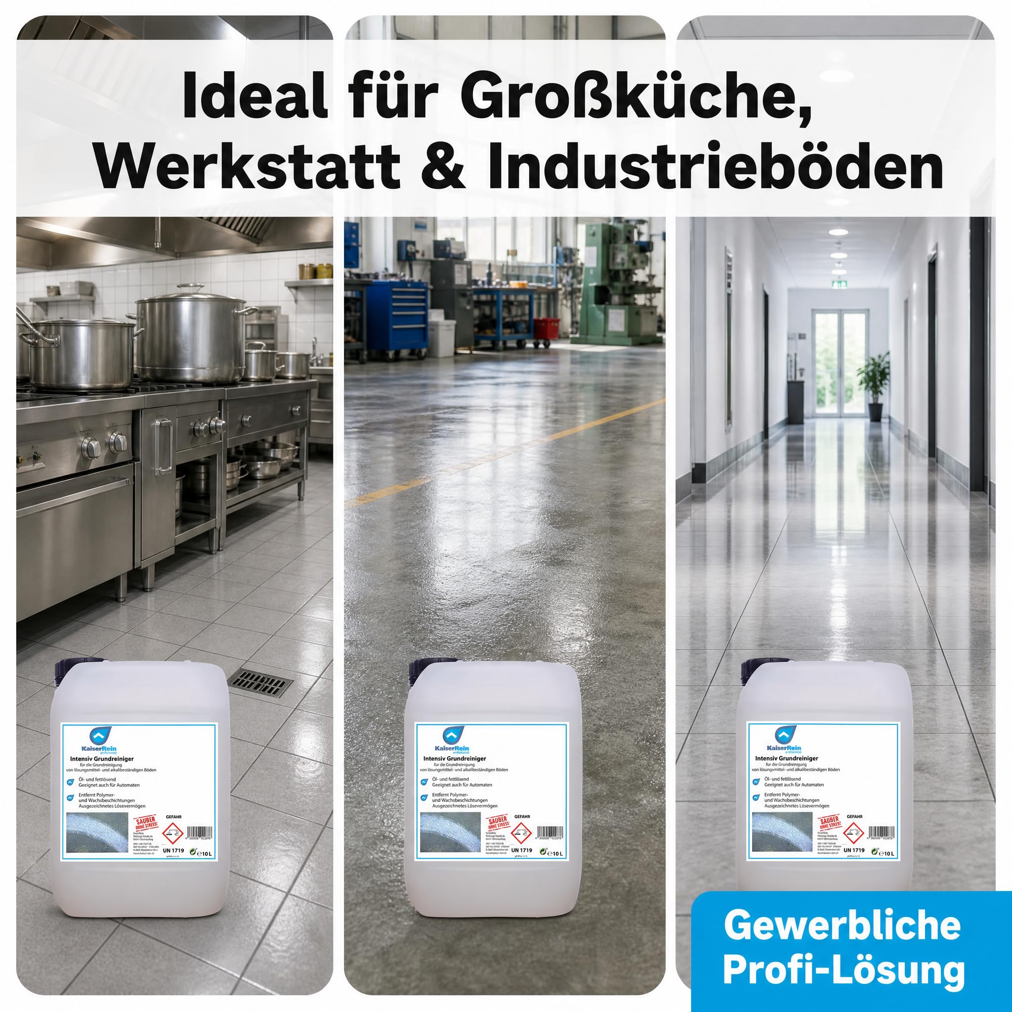 KaiserRein Grundreiniger Intensiv-Bodenreiniger Konzentrat, 10 L Kanister, entfernt Wachs/Polymer, öl- und fettlösend, für Fliesen, Stein, Laminat, Reinigungsautomaten, alkalischer Reiniger
