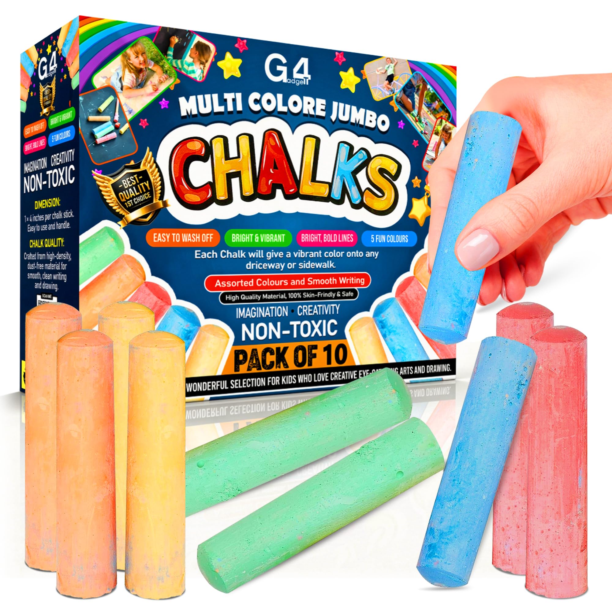 G4GADGET 20 Jumbo Chalks for Kids – Giant Chunky Outdoor Pavement Chalk – Washable Colourful Playground Sidewalk Chalks – Garden Summer Toys for Children Aged 3+