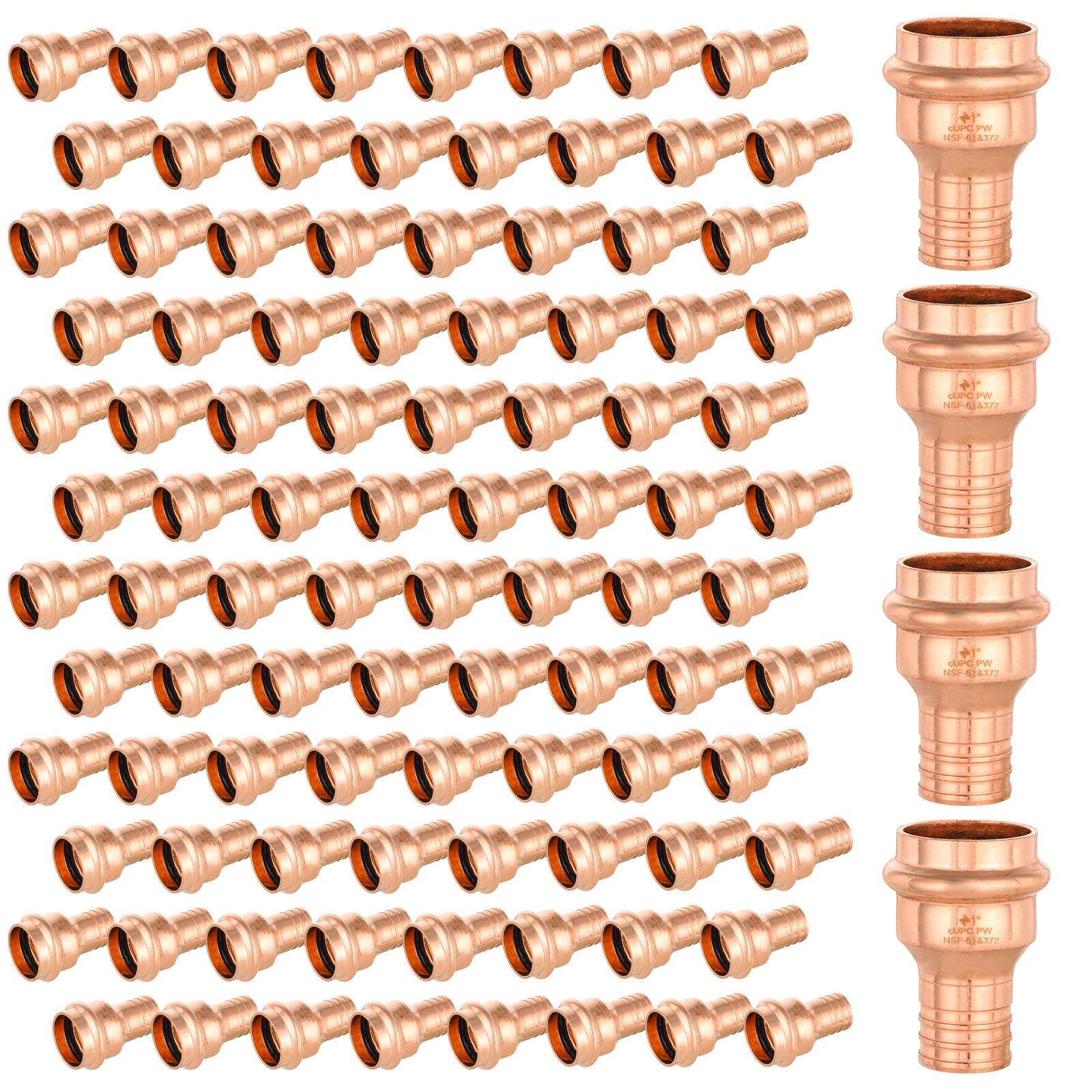 Paquete de 100 conectores de presión de cobre GUOFIS, acoplamiento de presión de 1 pulgada x acoplamiento de crimpado PEX de 1 pulgada para conexión de tubería de cobre/PEX con tope (PRESS023-100Pac