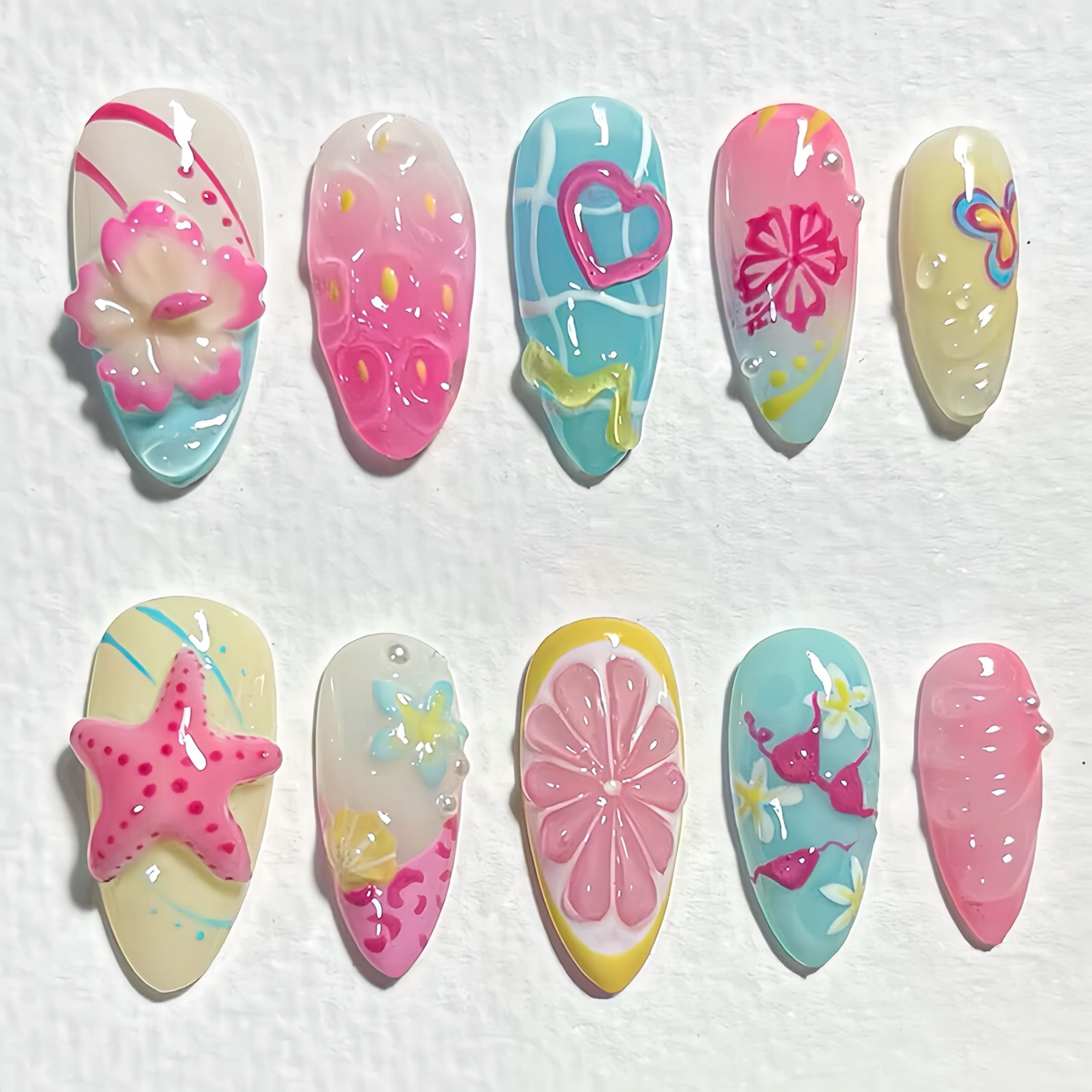 3D Handmade Summer Starfish Flower Press on Nails Medium Almond Fake Nails 3D Flower Starfish Lemon Strawberry Design Artificial Nails Full Cover