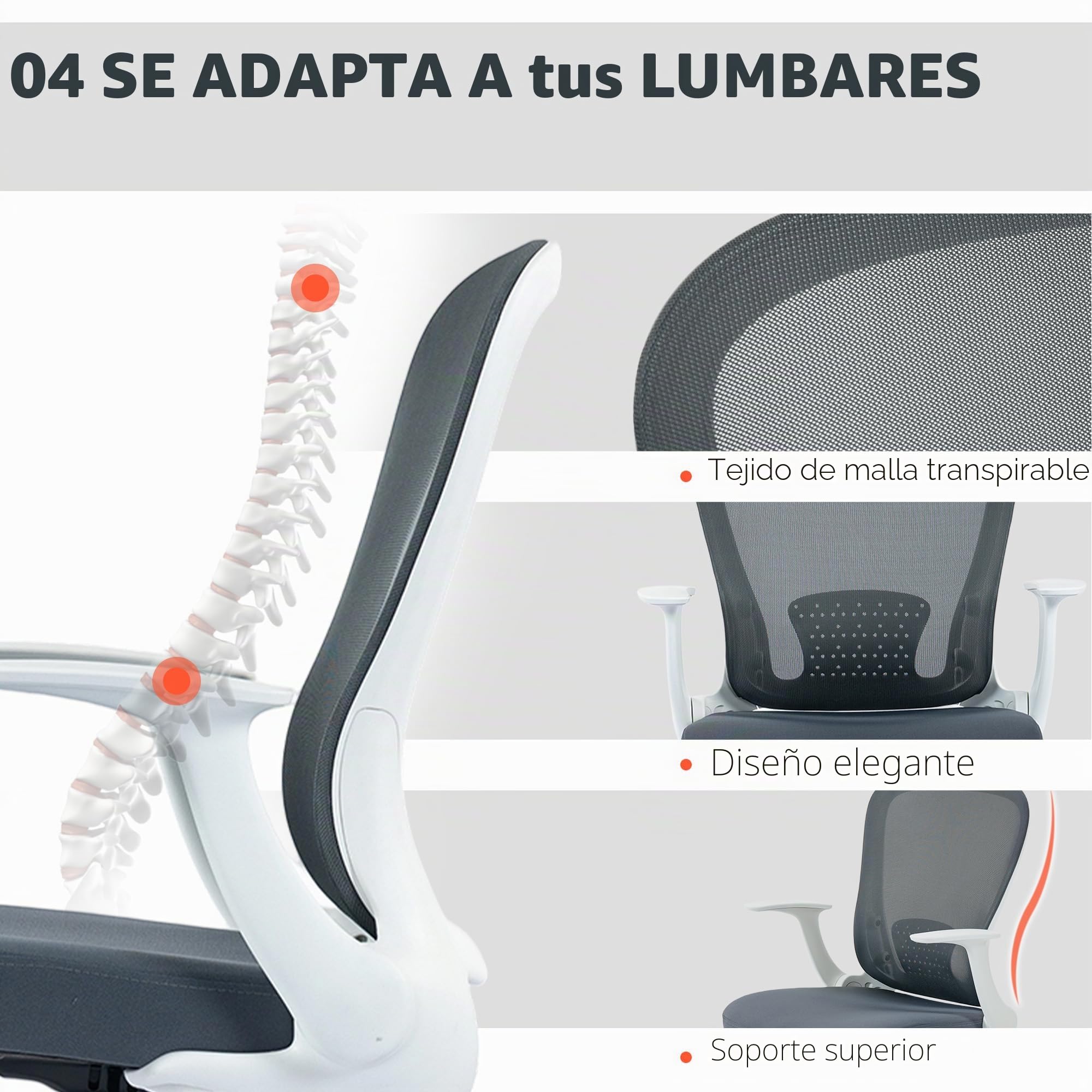 HOMCOM Silla de oficina ergonómica con reposapiés ajustable y reposabrazos elevables, Silla de dibujo con respaldo de malla, altura ajustable, reposabrazos altos, giratoria 360°, gris