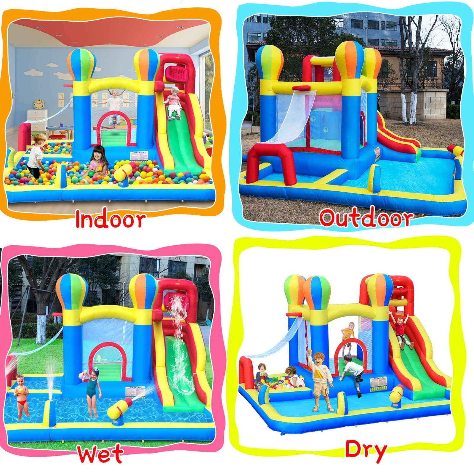 Baralir Castello gonfiabile con ventilatore, Parco acquatico, Scivolo a secco/Acqua, 343x338x202 cm, Castello gonfiabile interno/esterno, I migliori regali di vacanza/Compleanno per bambini