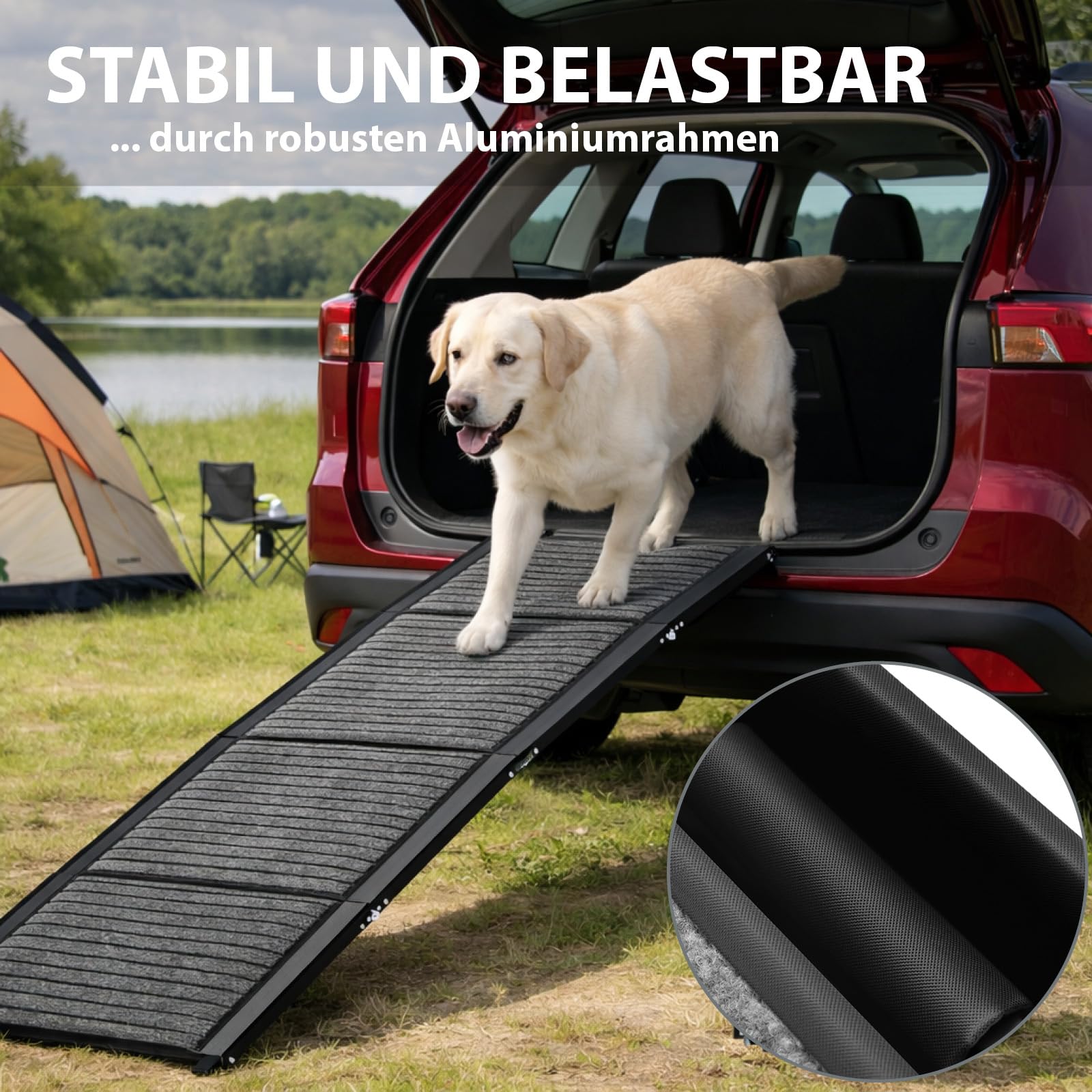 TRUTZHOLM Hunderampe klappbar 180 cm, Autorampe für Hunde, bis 130 kg Tragkraft, 4-Fach klappbar, Aluminium, rutschfeste Teppichoberfläche, Sicherheitsgurt, Einstiegshilfe für Auto, SUV, Sofa, Bett