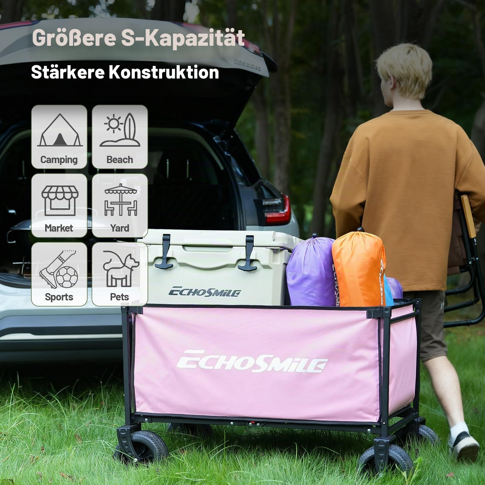 EchoSmile Bollerwagen Faltbar 200L 180KG Belastbar, Handwagen Transportwagen Klappbar mit Verstellbarem Griff, Breite Räder All-Terrain Strandwagen Gartenwagen Einkaufswagen, Rosa