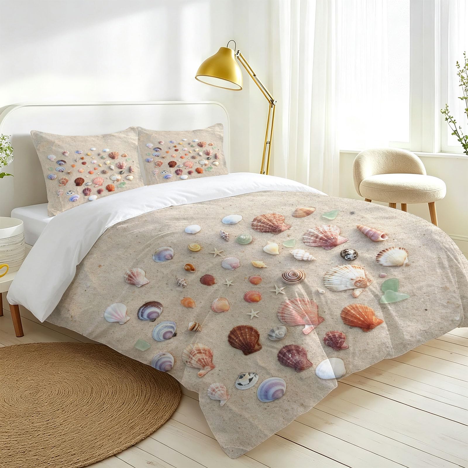 Parure Copripiumino Matrimoniale 220 x 240 cm Conchiglie e Stelle Marine Set Copripiumino Stampato Spiaggia Biancheria da Letto 3 Pezzi con Cerniera in Microfibra Morbida con 2 Federe