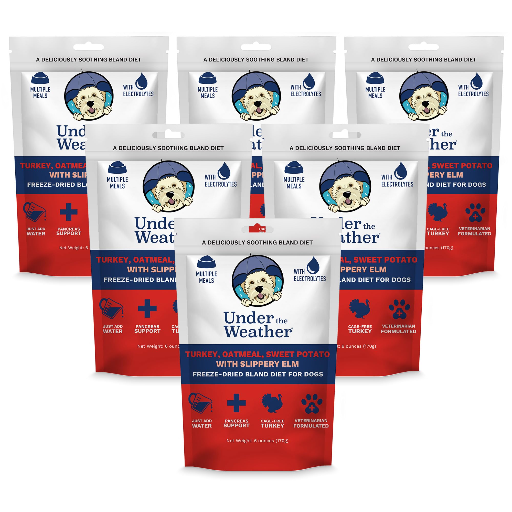 Under the Weather Bland Diet for Dogs | Easy to Digest Stomach Support for Sick Dogs | Contains Electrolytes, All Natural | 6 Pack - Turkey, Oatmeal, Sweet Potato & Slippery Elm - 6oz