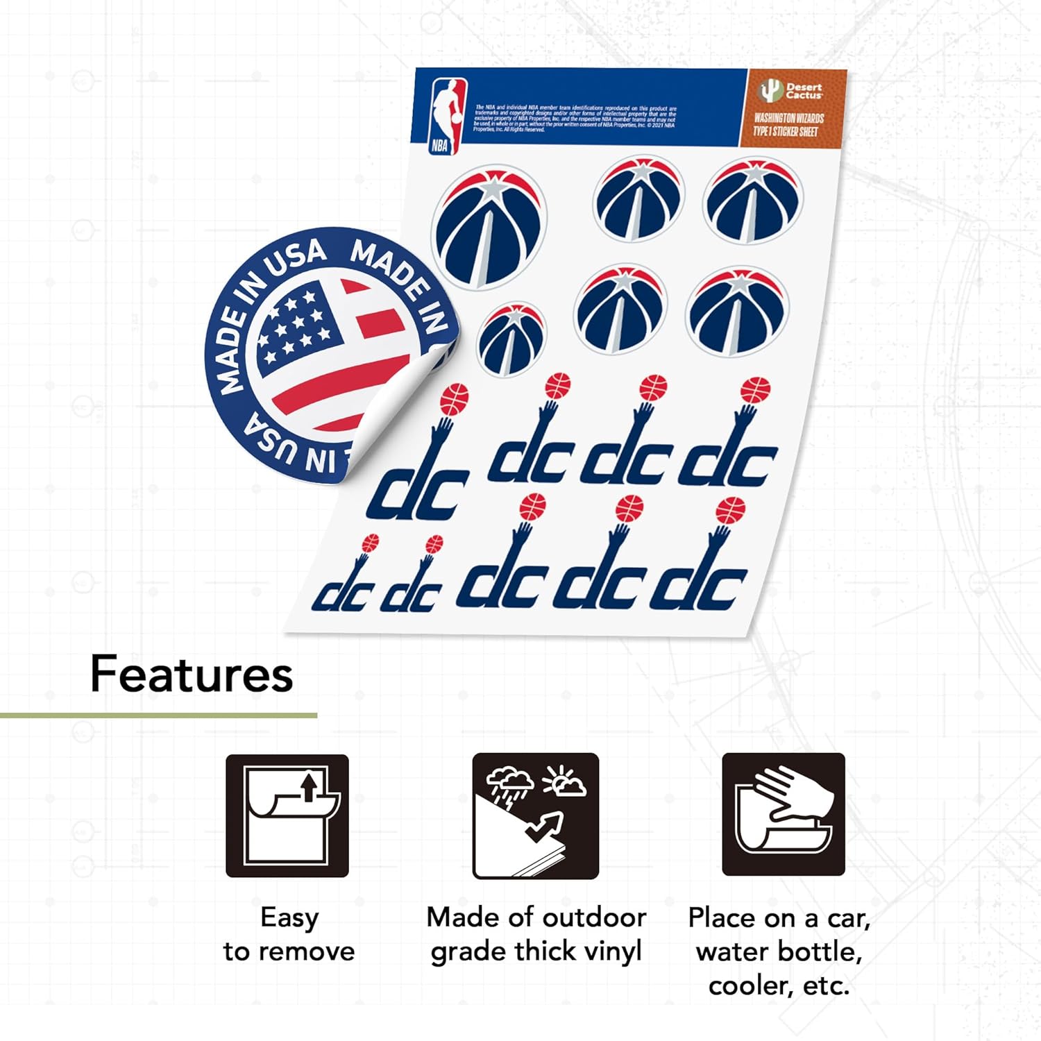 Desert Cactus Washington Wizards Sticker NBA Officially Licensed Vinyl Decal Laptop Water Bottle Car Scrapbook (Type 1-1)