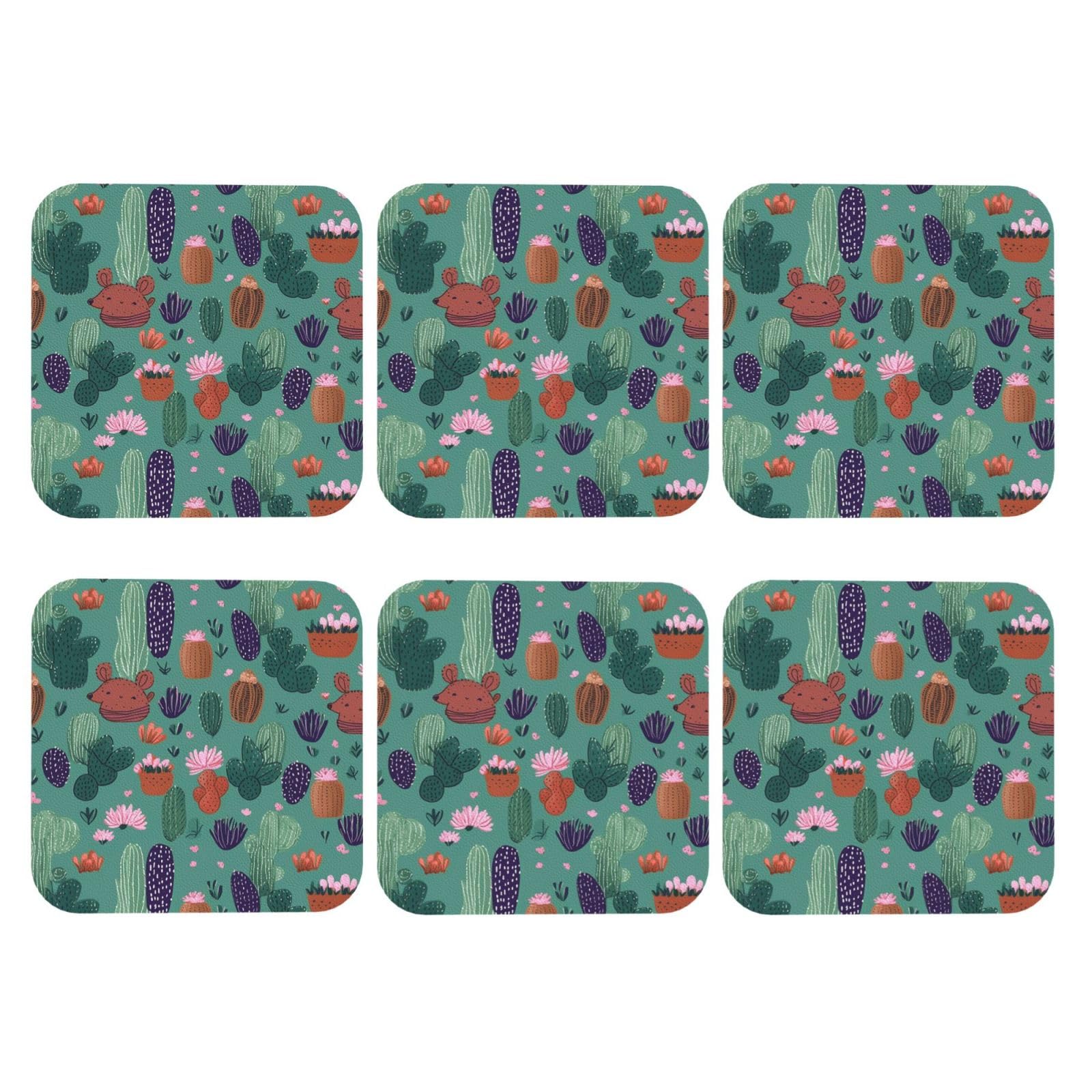 6pcs Leather Coasters for Drinks, Cactus Pattern Drink Coasters for Tabletop Protection, 4" Cup Coasters for Coffee Table Decor, Non-Slip Drinking Cup Mat for Hot Or Cold Drink