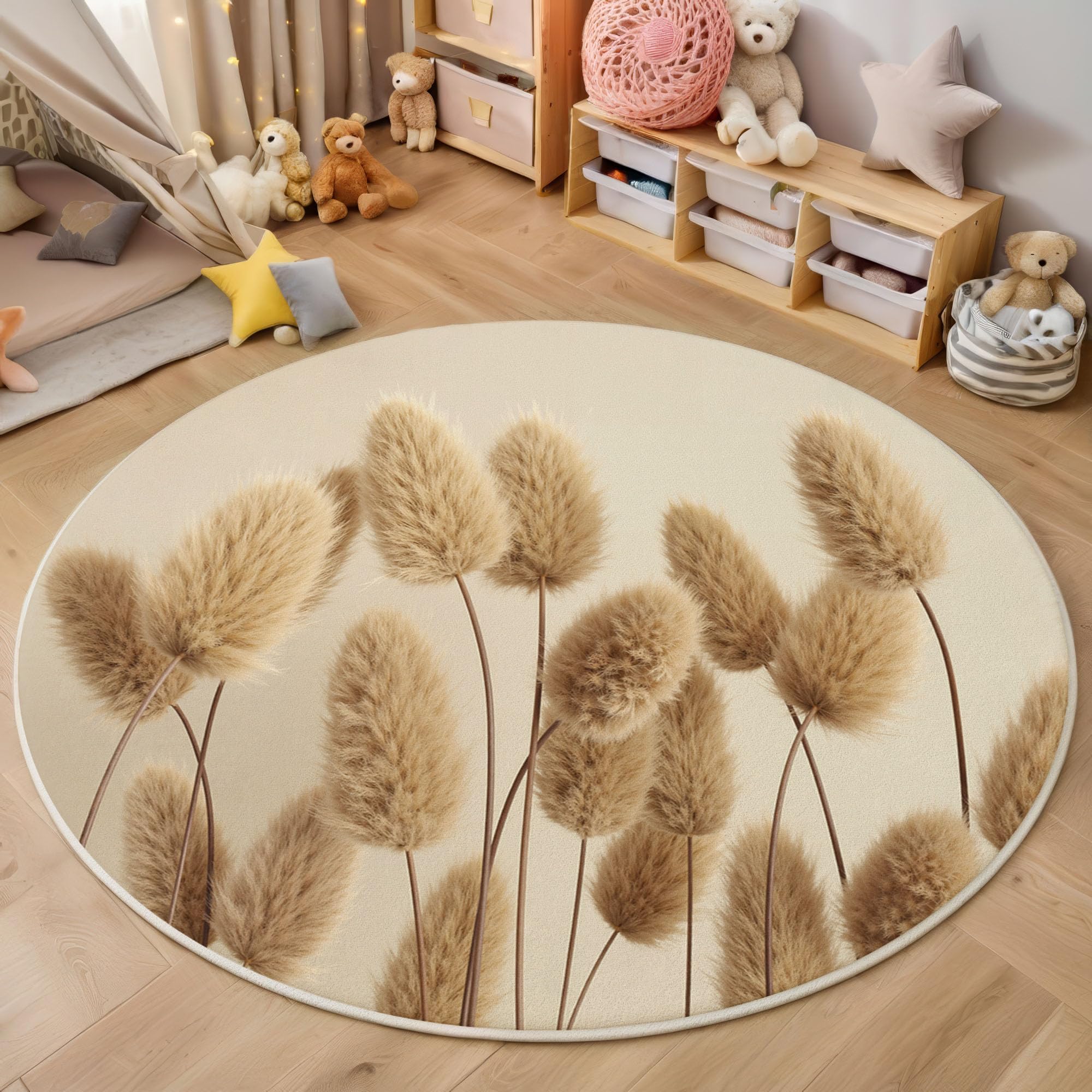 Alfombra Redonda Hierba Cola Conejo Esponjosa, 100cm Alfombras de Pelo Corto Suave Sencillez Natural Tapetes Antideslizante y Lavables para Sala de Estar, Dormitorio y Habitación Infantil, Beige