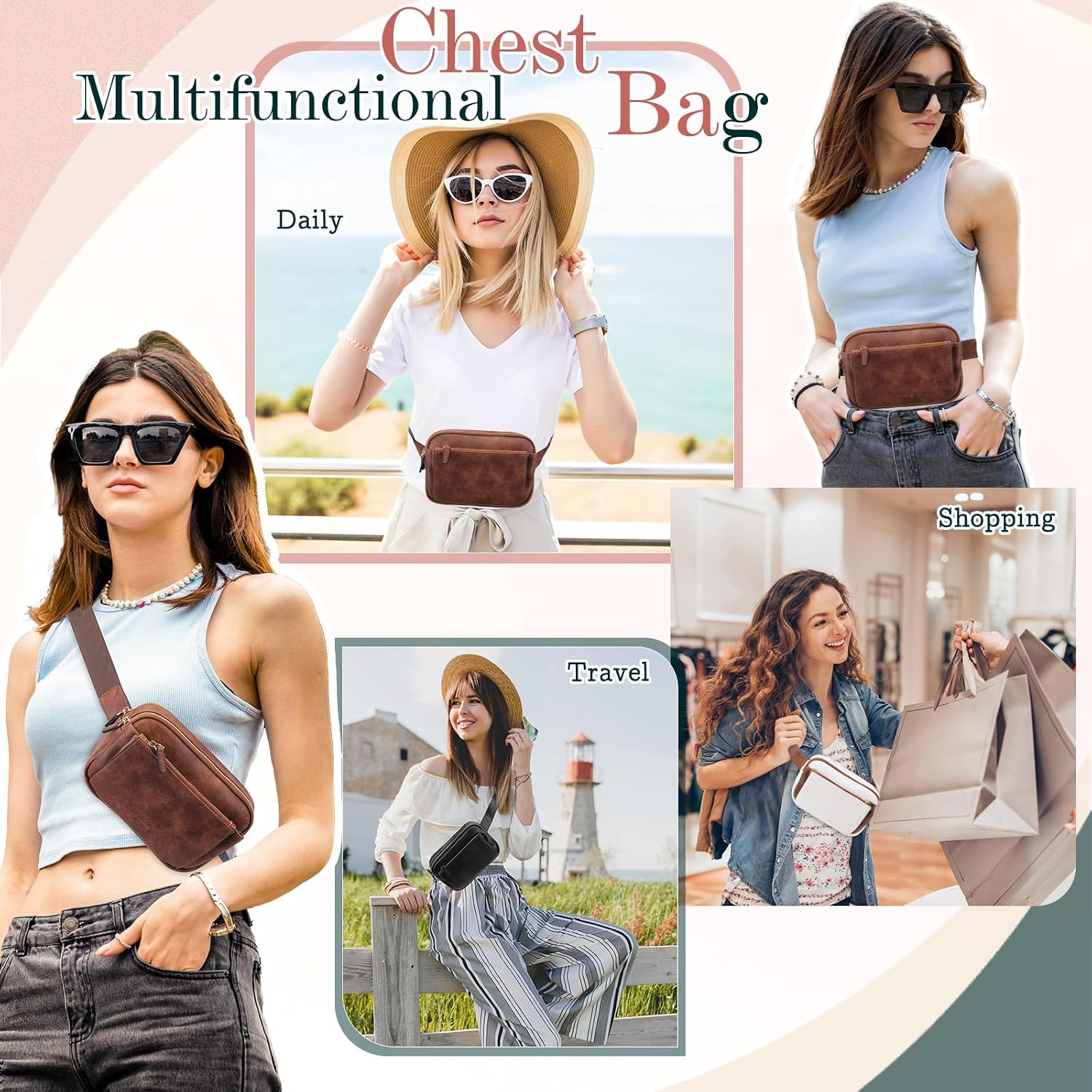 Waist Bag for Women, VX VONXURY Vegan Leather Fanny Pack Lightweight Crossbody Belt Bag with Adjustable Strap for Outdoor Running Hiking,Brown